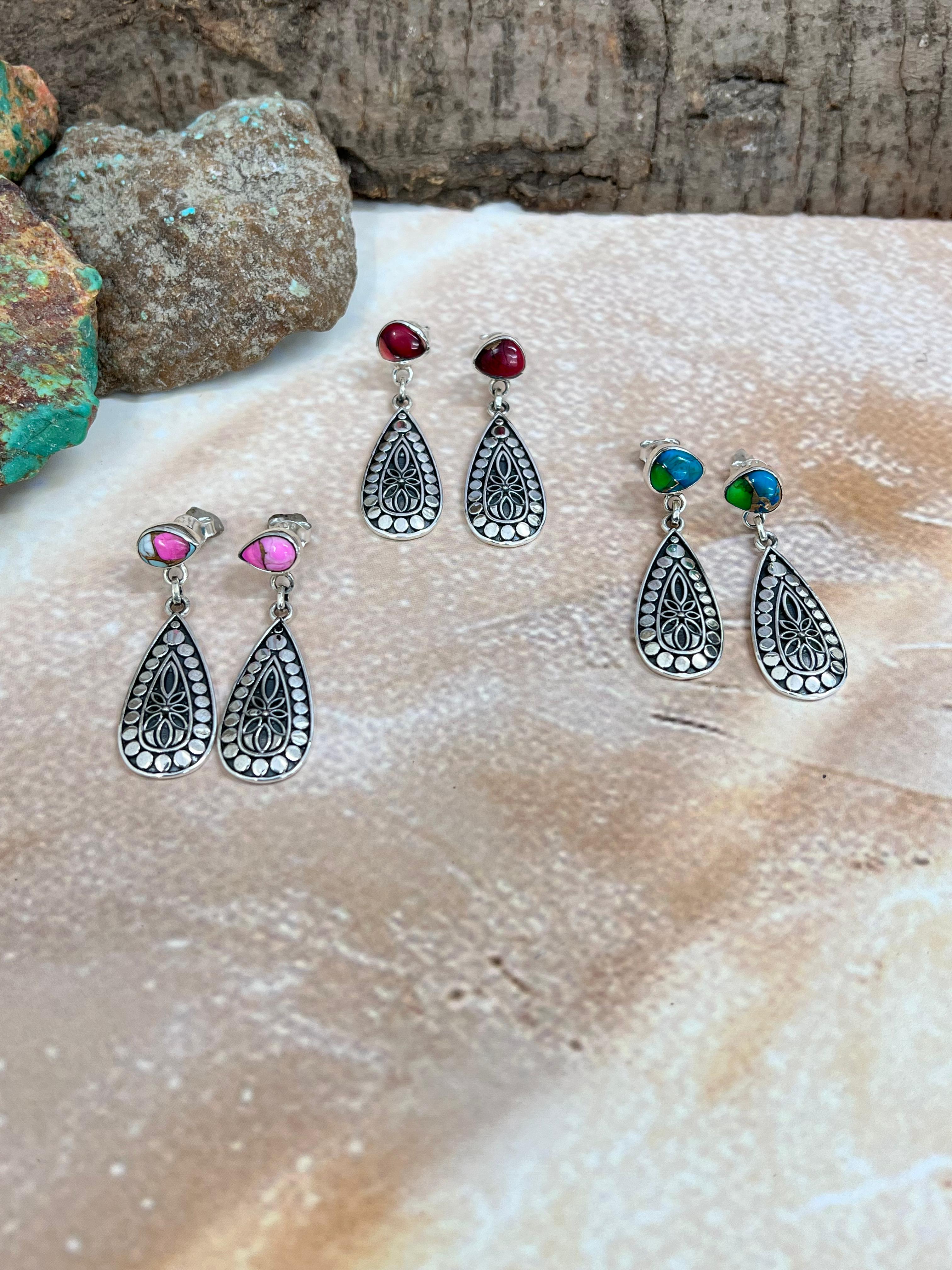 Handmade Sterling Silver Peacock Dahlia, Dahlia Rose, Cotton Candy Turquoise Post Earrings with Signed Nizhoni