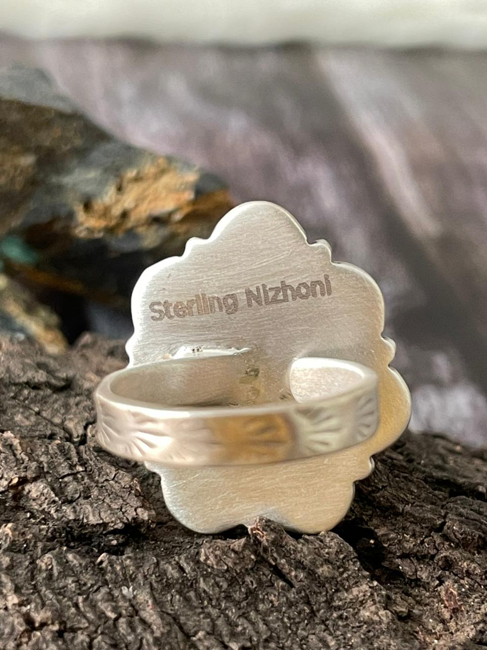 Handmade Sterling Silver Kingman Turquoise Adjustable Ring "Signed Nizhoni"