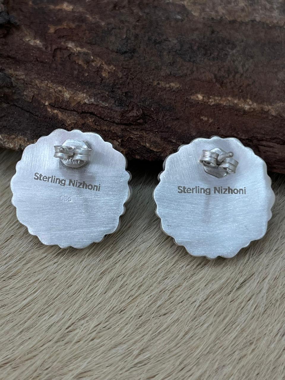Handmade Sterling Silver White Buffalo Post Studs Earrings "Signed Nizhoni"