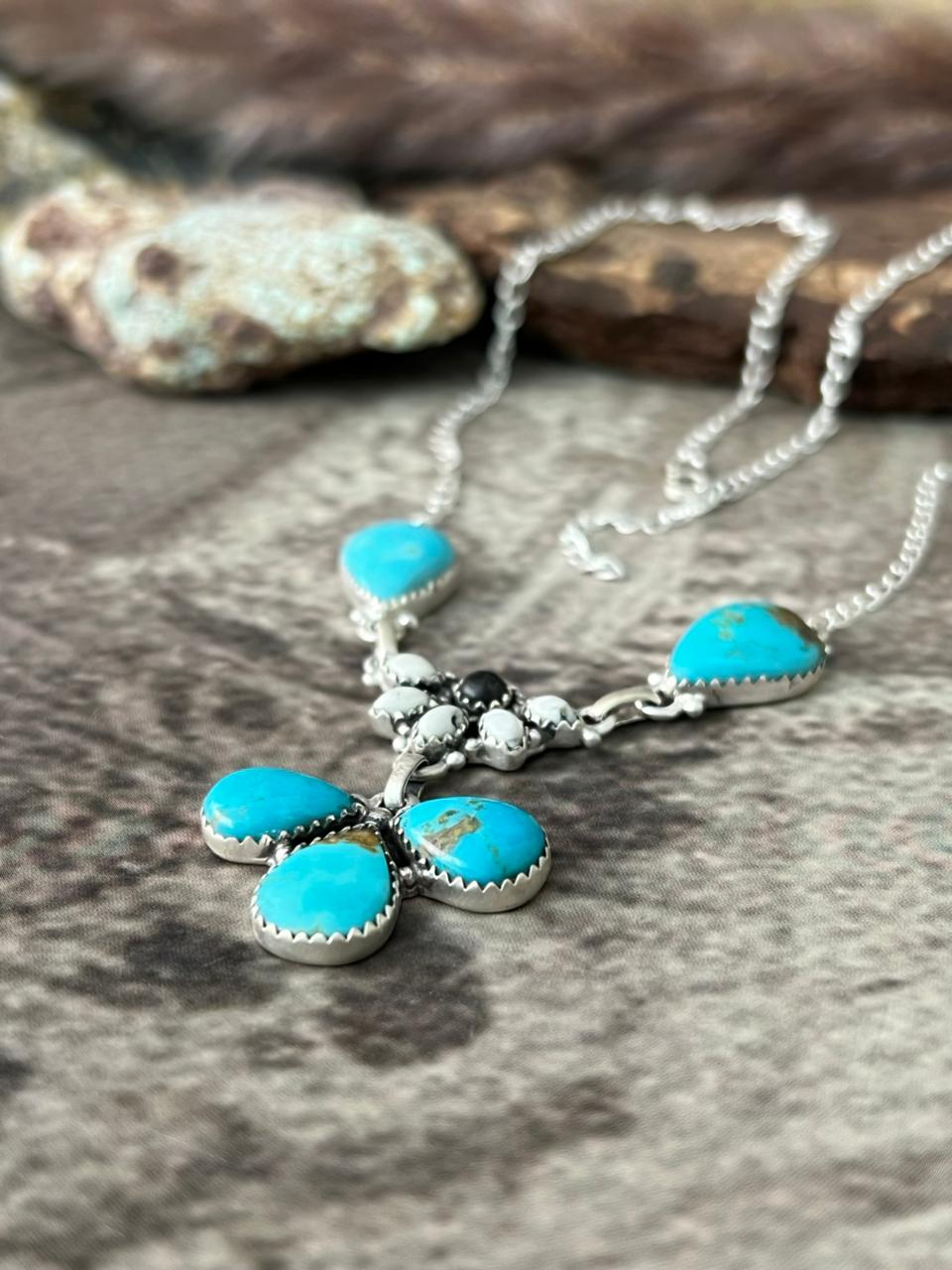 Handmade Sterling Silver Santa Maria with White Buffalo Necklace "Signed Nizhoni"