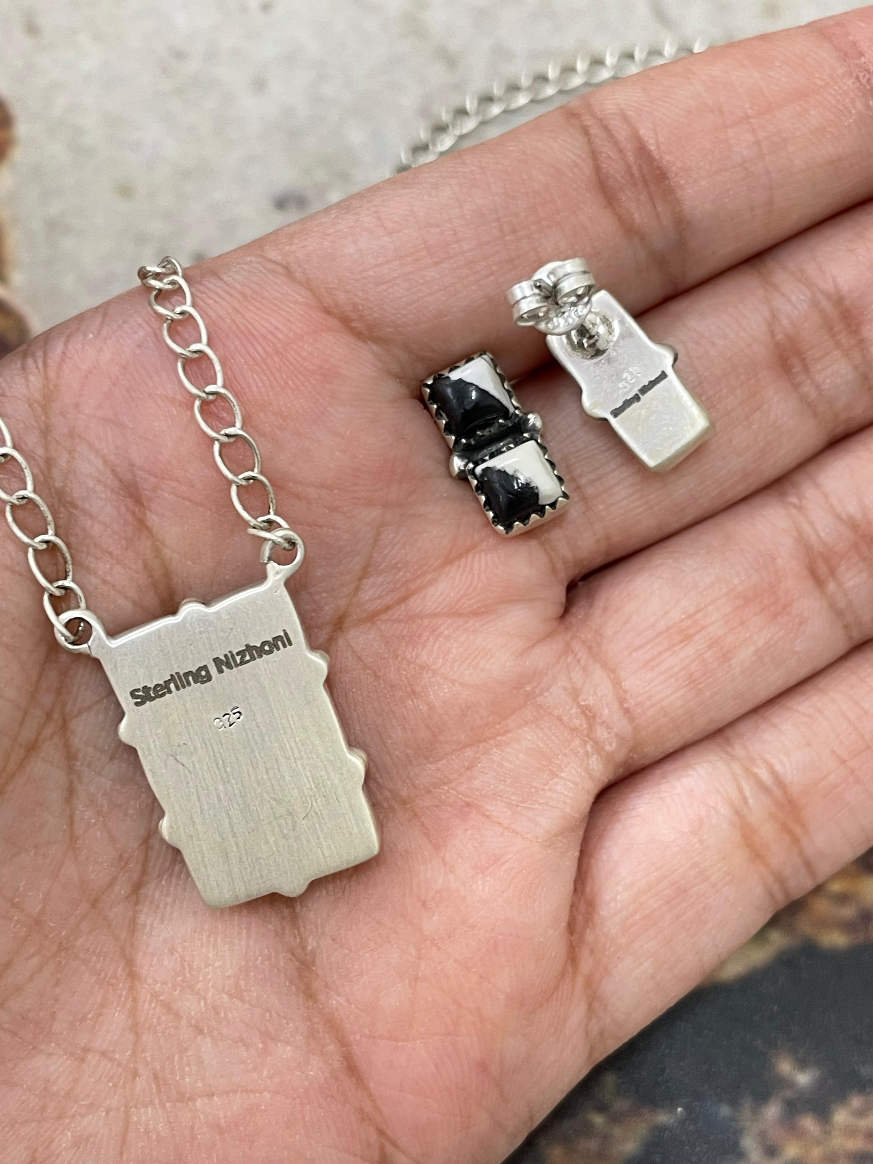 Handmade Sterling Silver White Buffalo Necklace Earrings Set with Signed Nizhoni