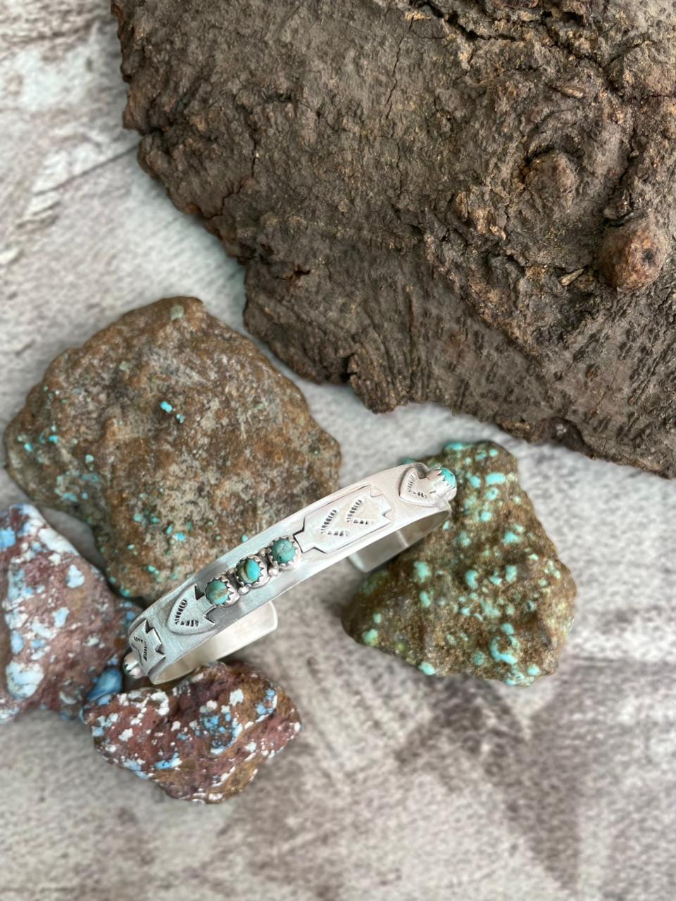 Handmade Sterling Silver Kingman Turquoise Cuff Bracelet with Signed Nizhoni