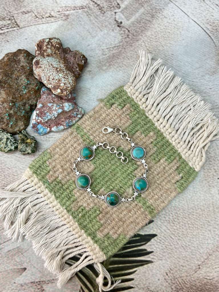 Handmade Sterling Silver Kingman Turquoise Chain Bracelet with Signed Nizhoni