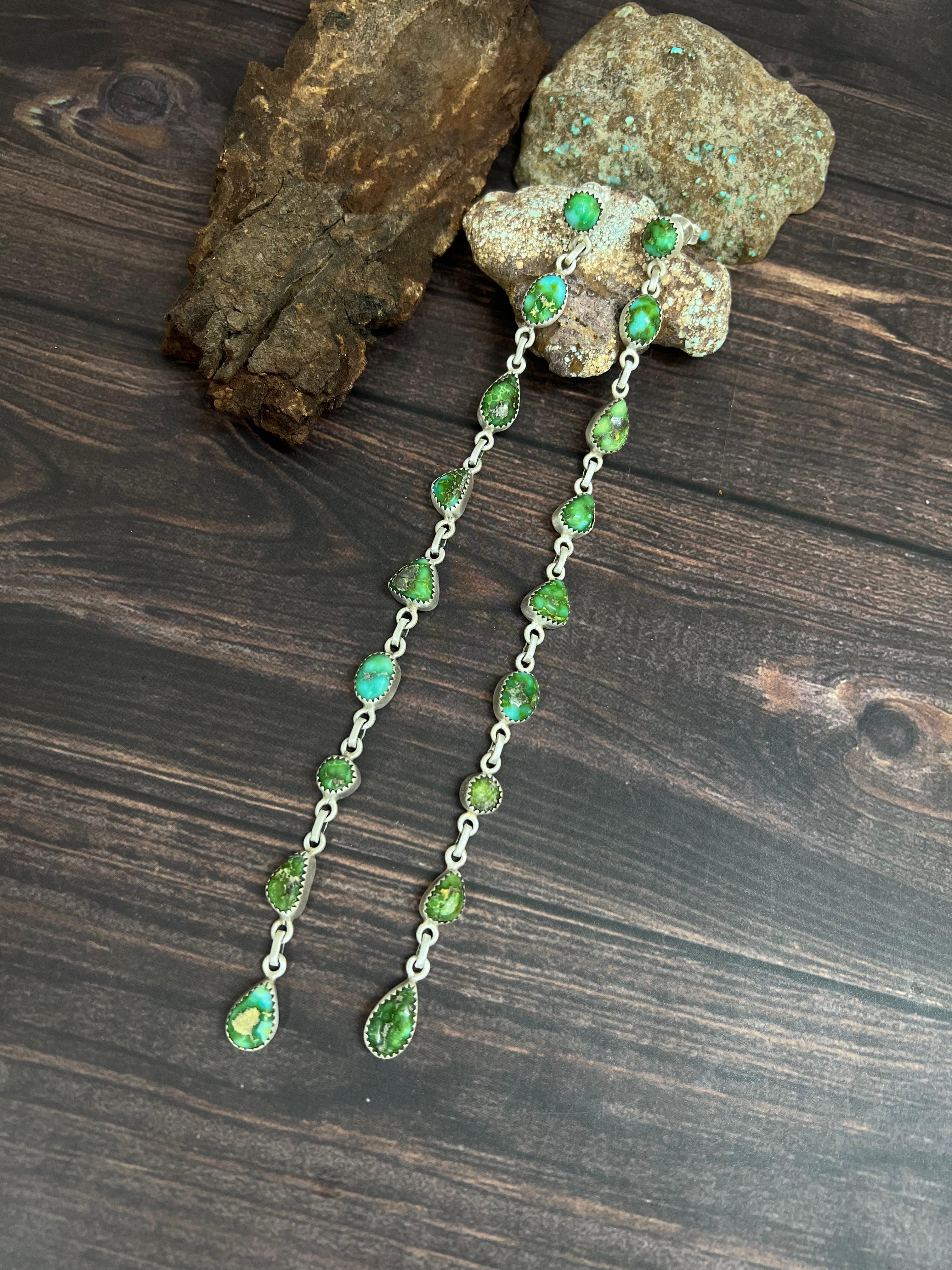 Handmade Sterling Silver Sonoran Mountain Turquoise Post Dangle Earrings with Signed Nizhoni