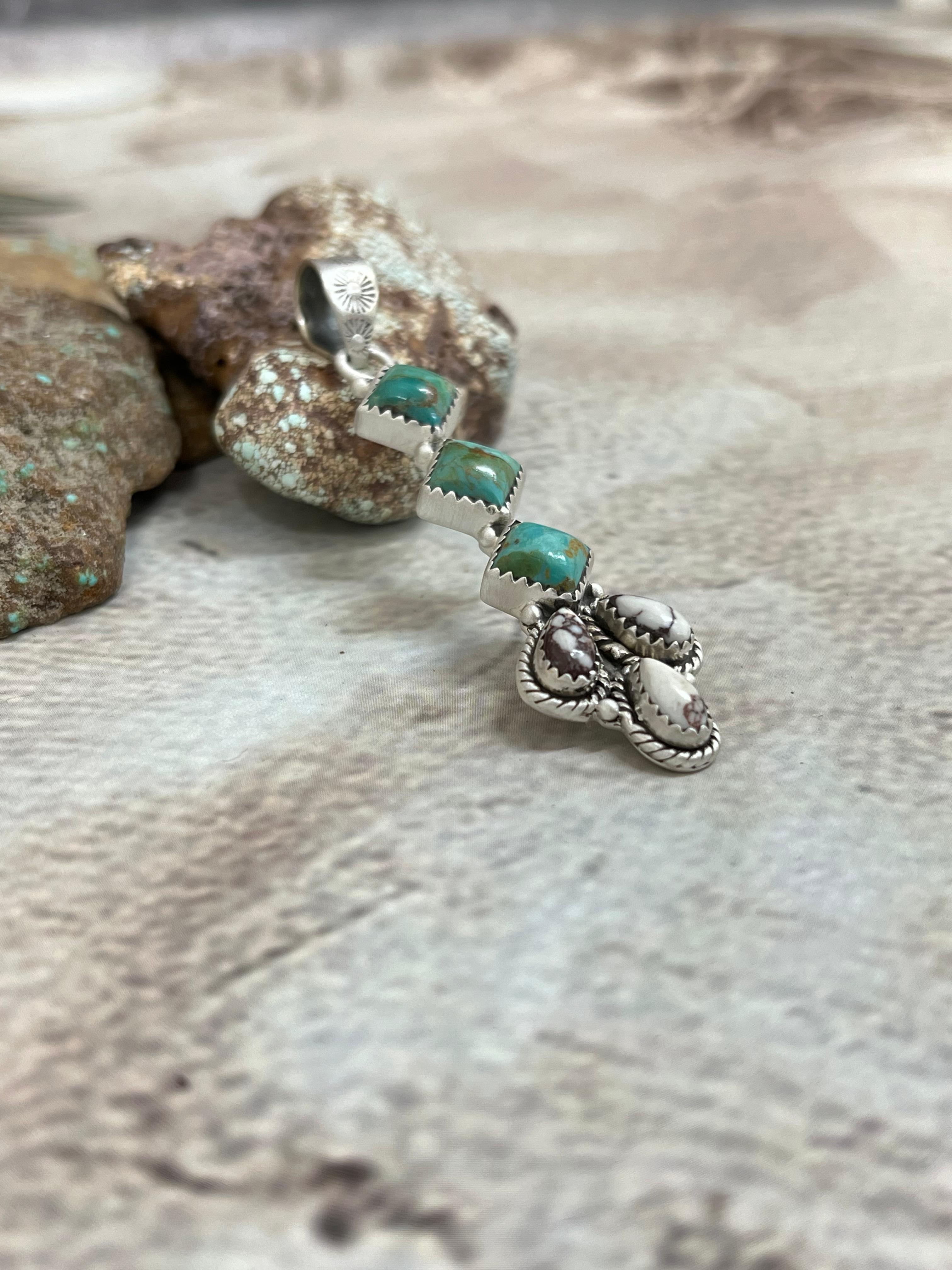 Handmade Sterling Silver Kingman Turquoise with Wild Horse Magnesite Pendant Signed Nizhoni