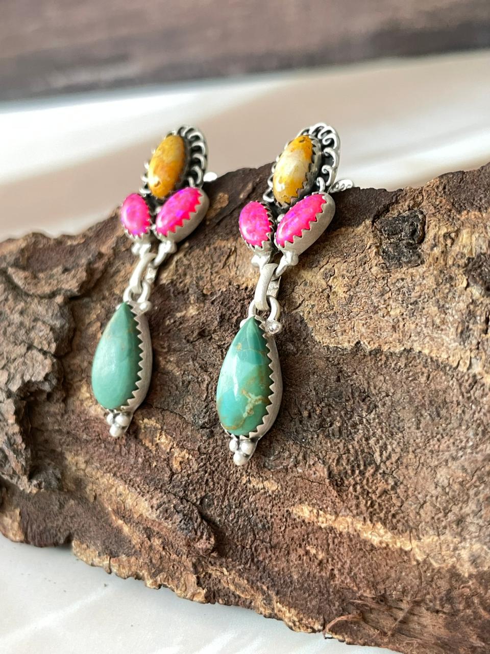 Handmade Sterling Silver Spring Collection: Hot Pink with Bumblebee and Kingman Post Dangle Earrings "Signed Nizhoni"