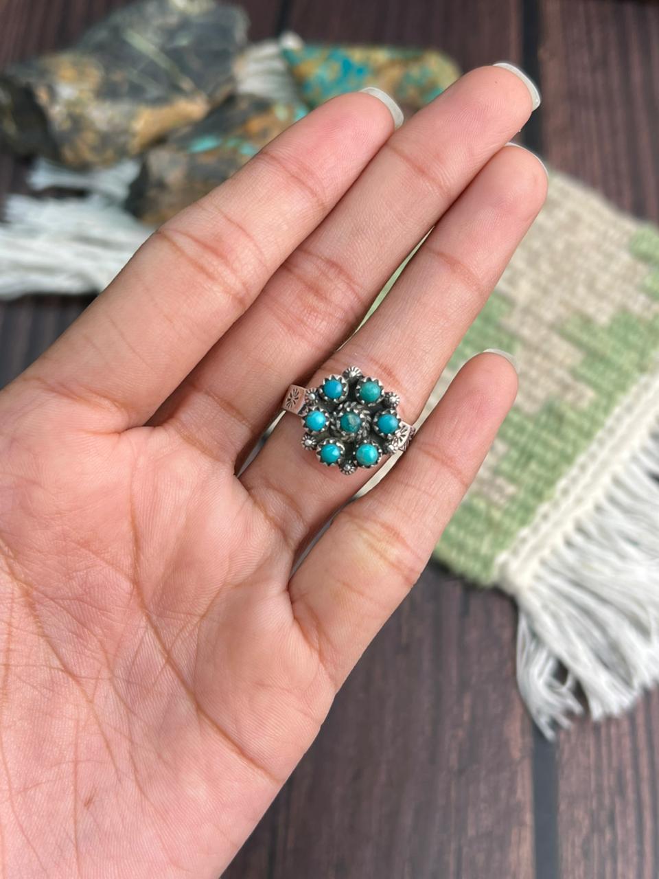Handmade Sterling Silver Kingman Turquoise Adjustable Ring "Signed Nizhoni"
