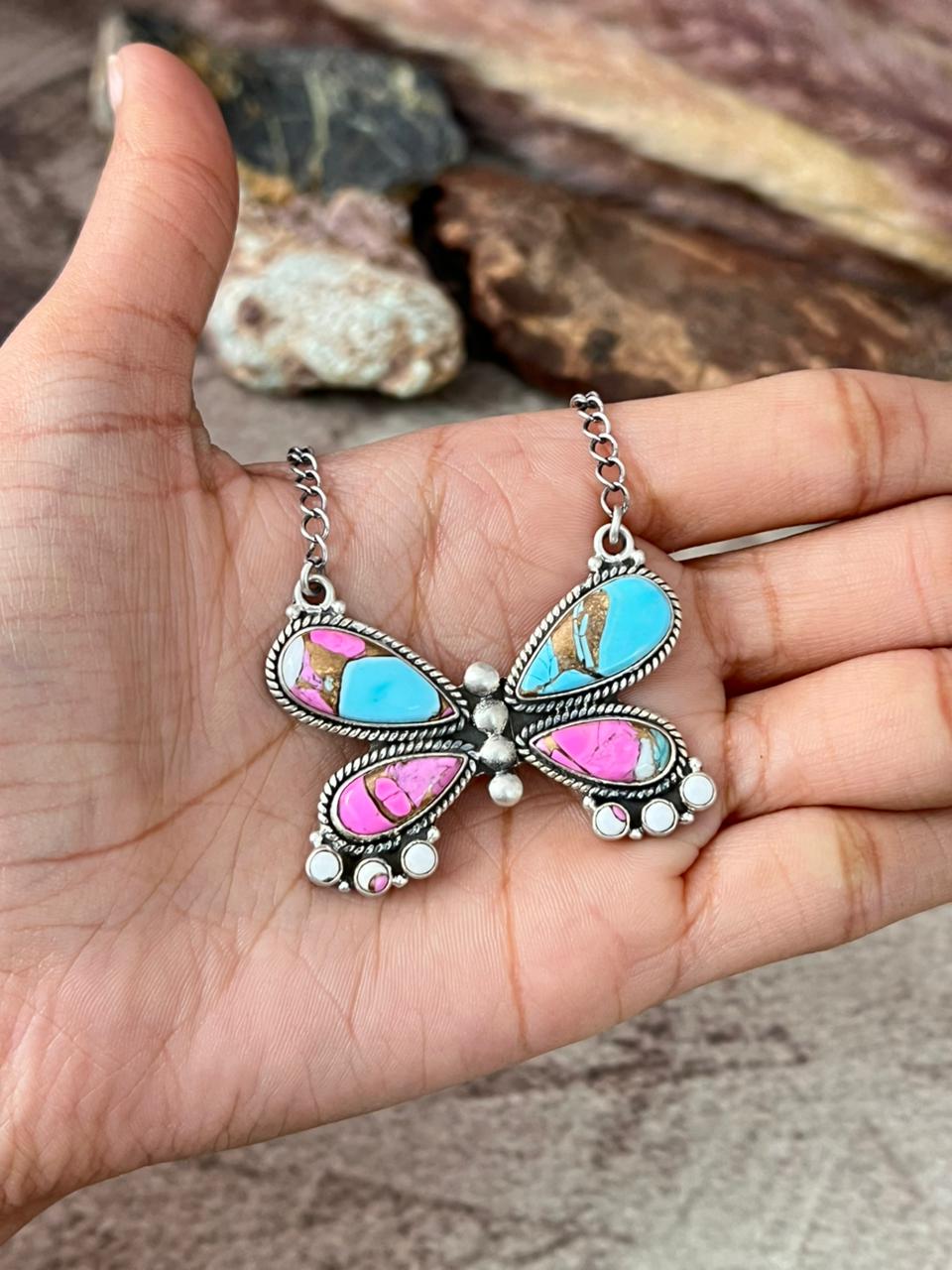 Handmade Sterling Silver Cotton Candy Butterfly Necklace "Signed Nizhoni"