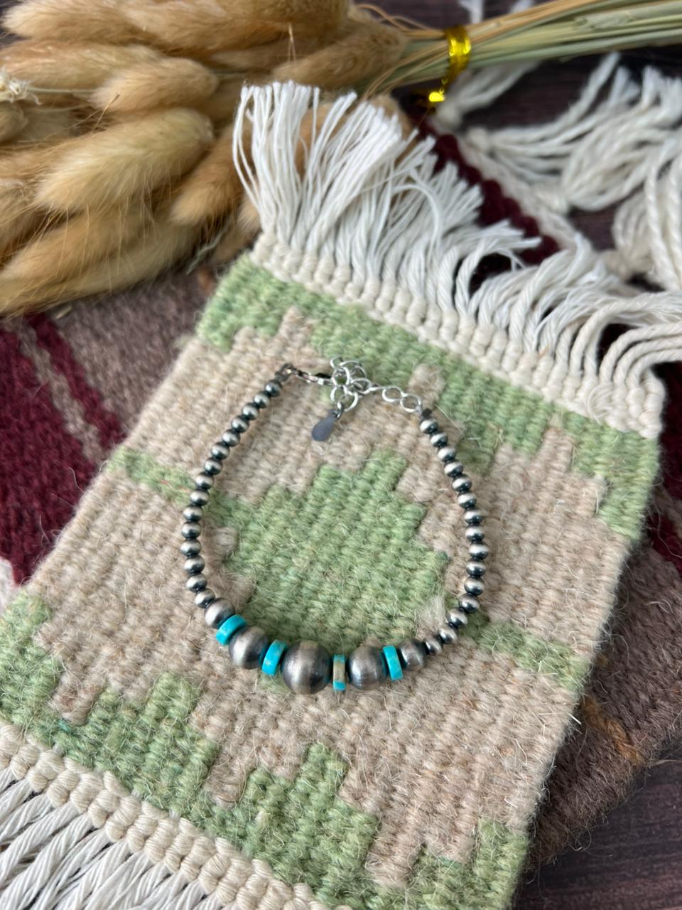 Handmade Sterling Silver Kingman Turquoise Beaded Bracelet "Signed Nizhoni"