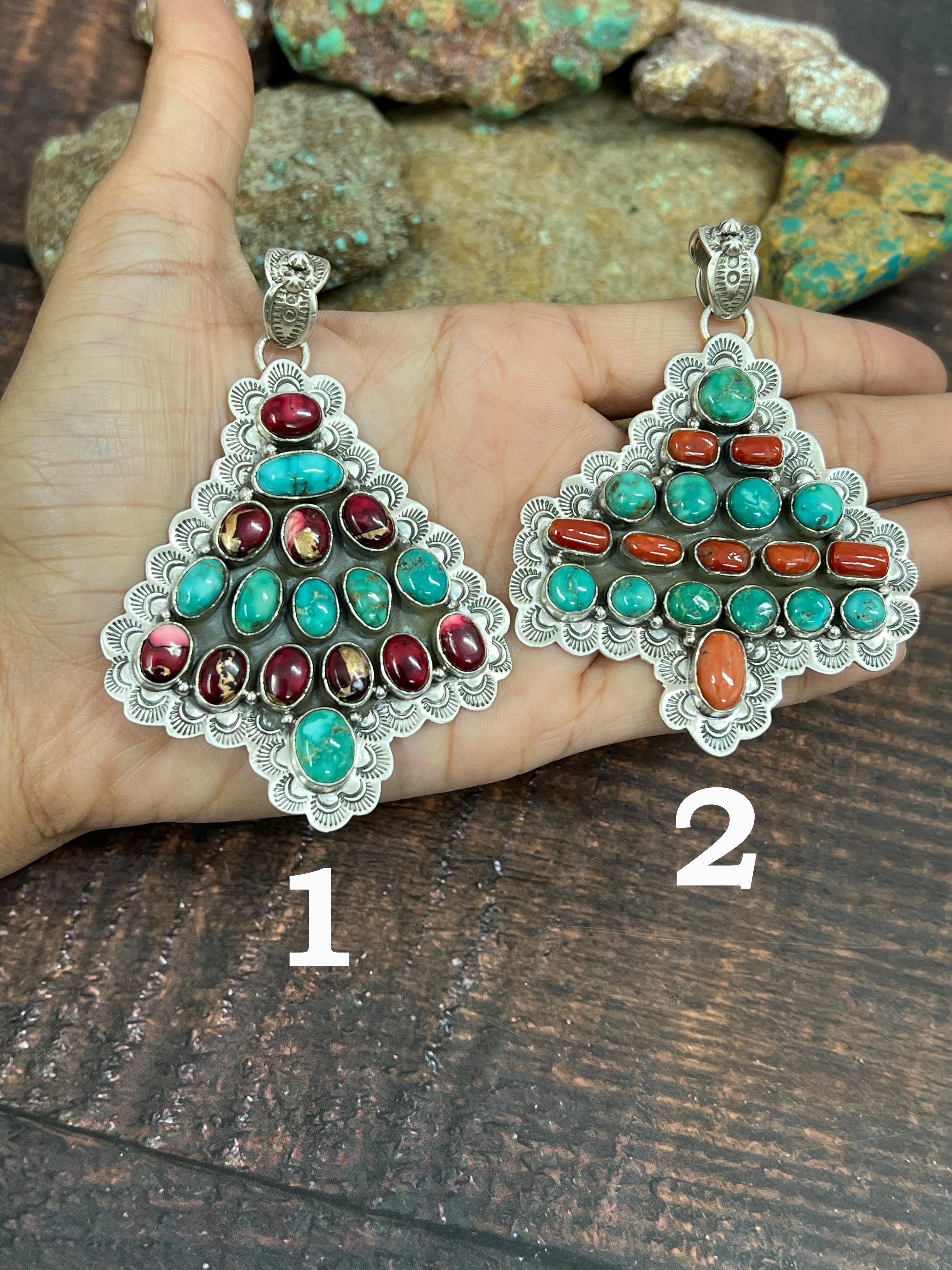 Handmade Sterling Silver Emerald Valley, Coral and Dahlia Rose Pendant, Signed Nizhoni