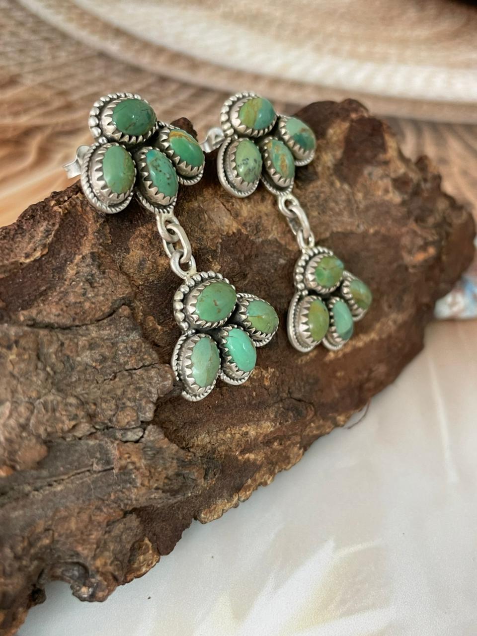 Handmade Sterling Silver Kingman Turquoise Post Dangle Earrings "Signed Nizhoni"