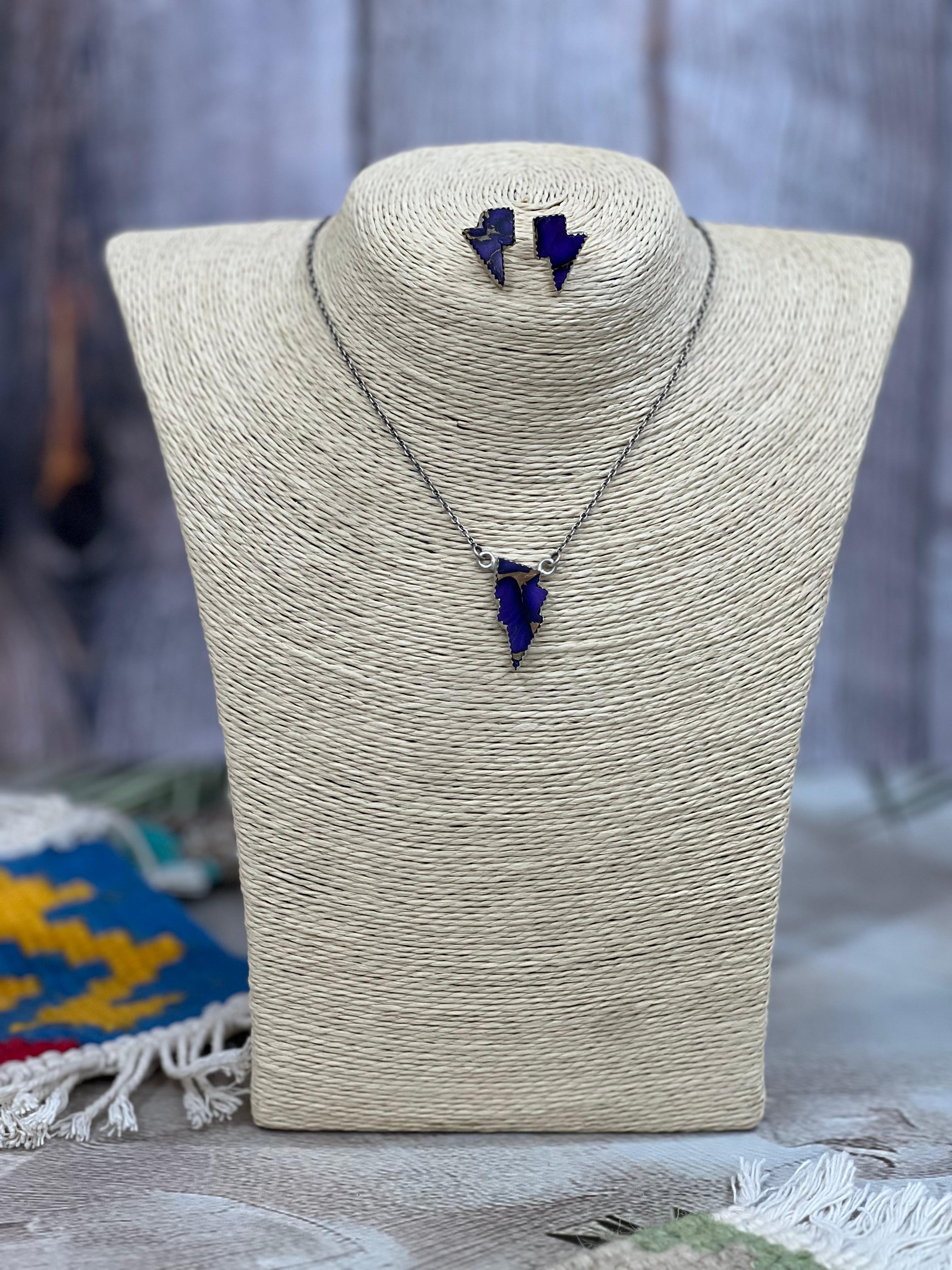 Handmade Sterling Silver Grape Dahlia Lightening Bolt Necklace Earrings Set, Signed Nizhoni