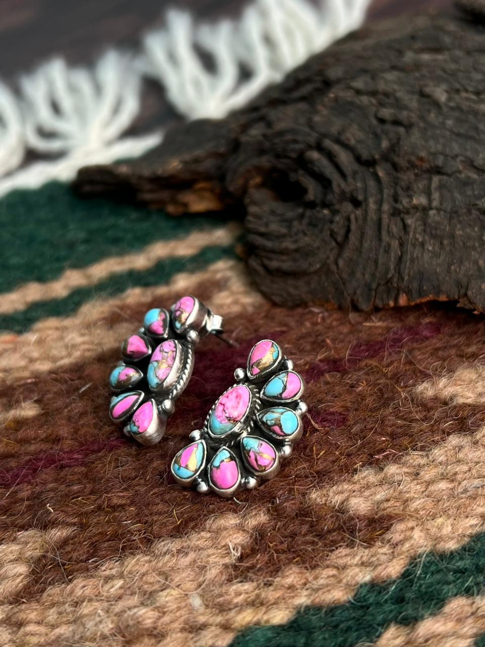 "Heart Collection" Handmade Sterling Silver Cotton Candy Post Studs Earrings "Signed Nizhoni"