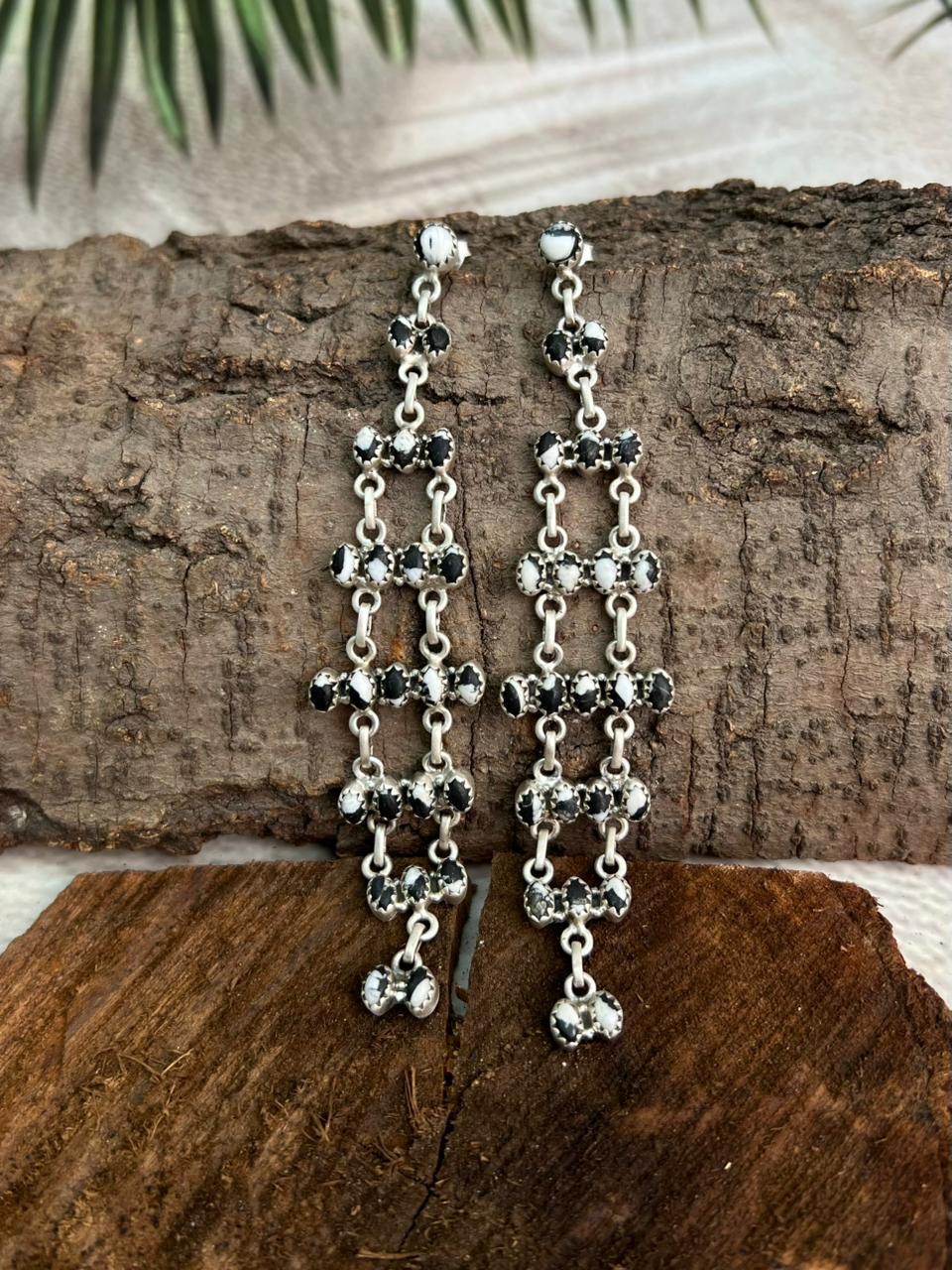 Handmade Sterling Silver White Buffalo Post Dangle Earrings "Signed Nizhoni"