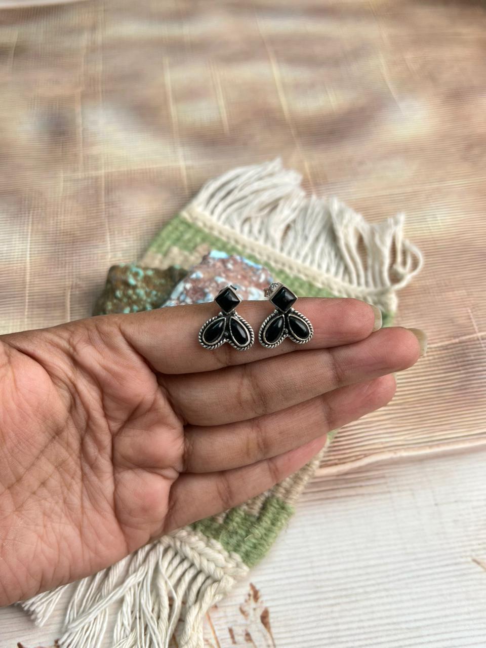 Handmade Sterling Silver Black Onyx Post Studs Earrings "Signed Nizhoni"