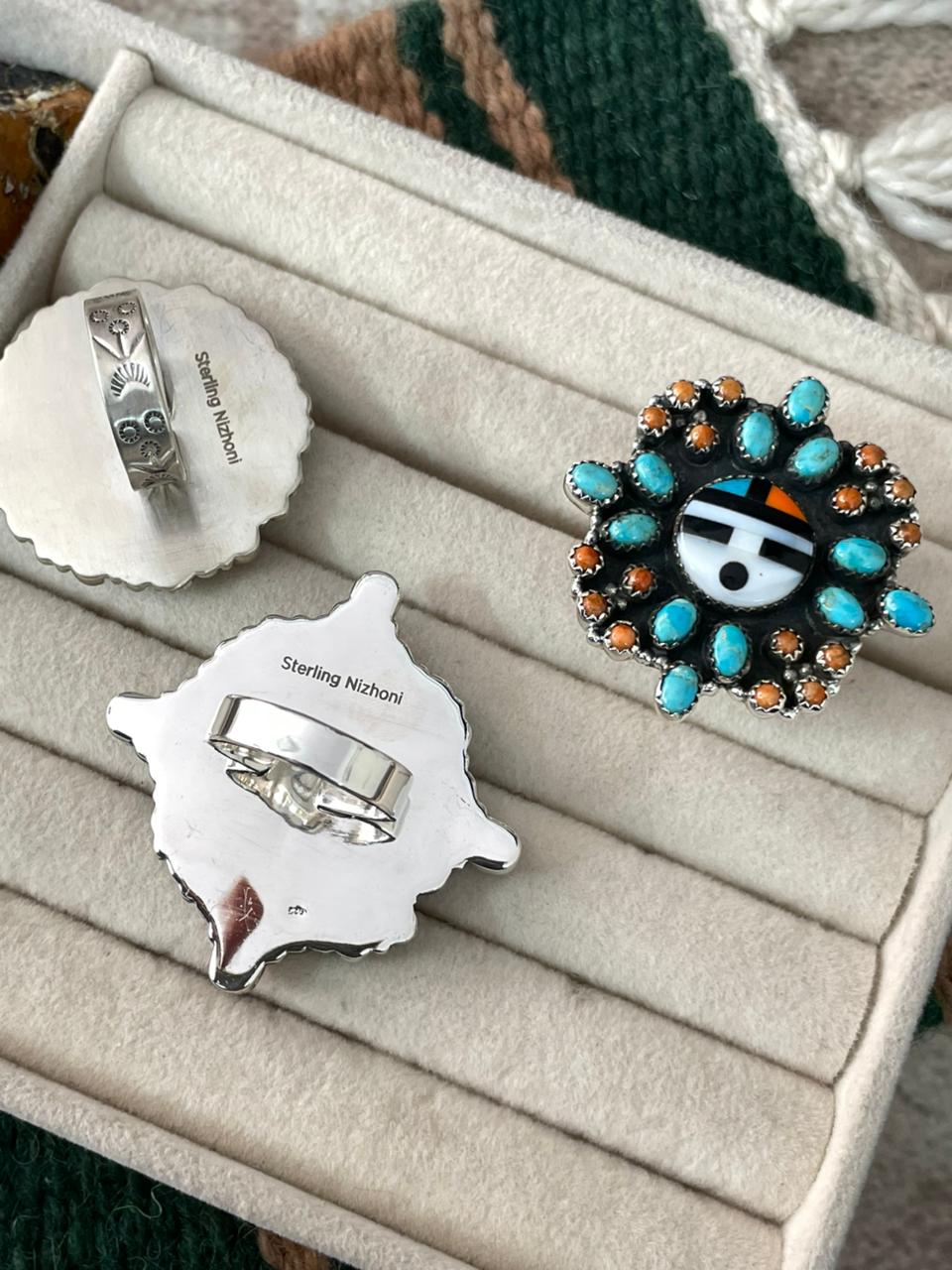 Handmade Sterling Silver Turquoise and MOP adjustable Ring "Signed Nizhoni"