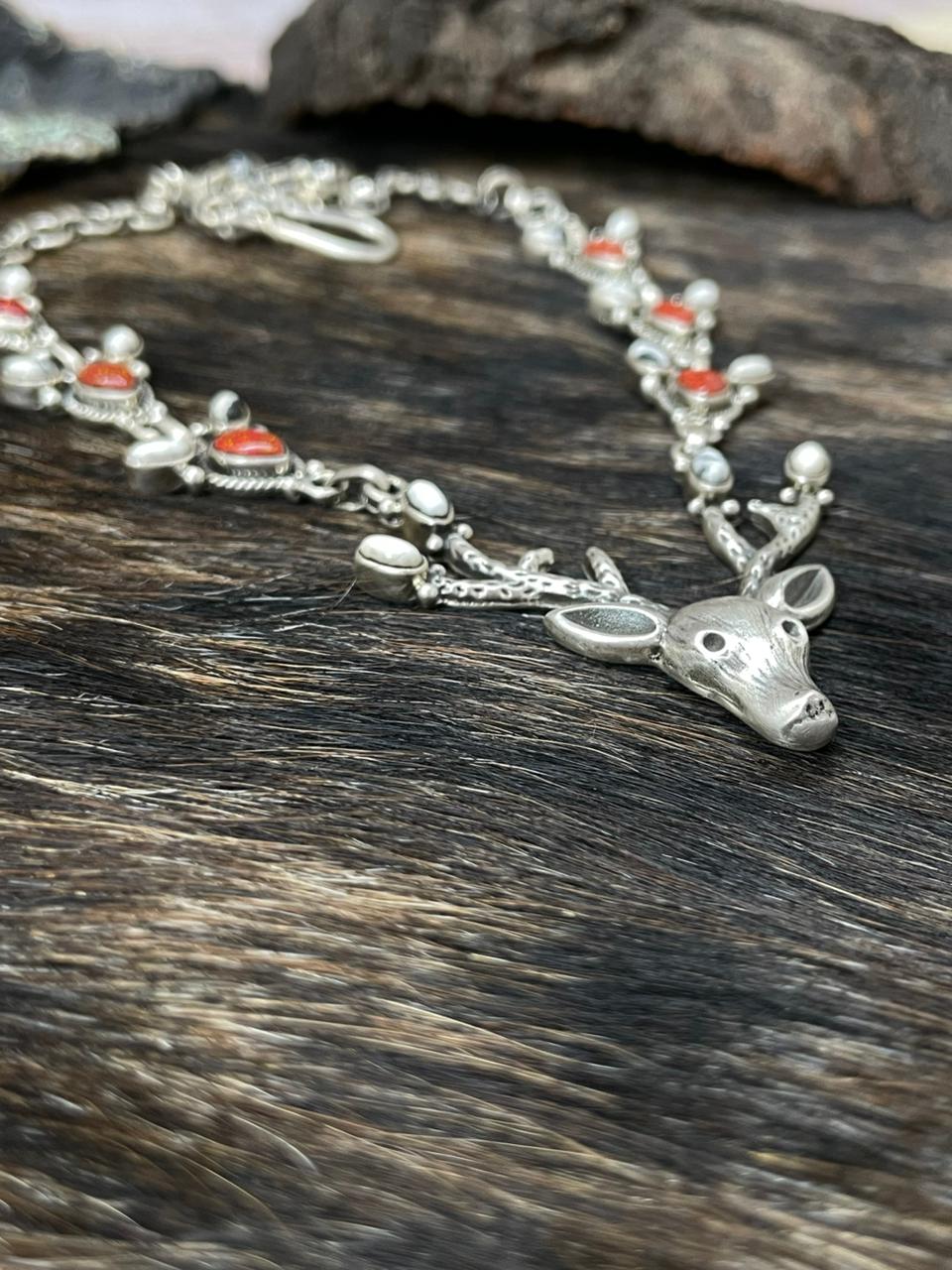 Handmade Sterling Silver White Buffalo with Red Opal Deer Necklace "Signed Nizhoni"