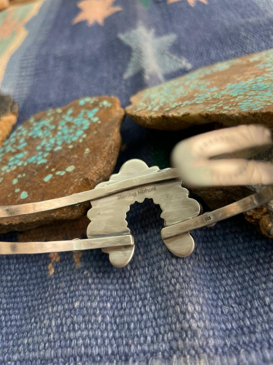 Handmade Sterling Silver Sonoran Mountain Turquoise with White Water Cuff Bracelet "Signed Nizhoni"