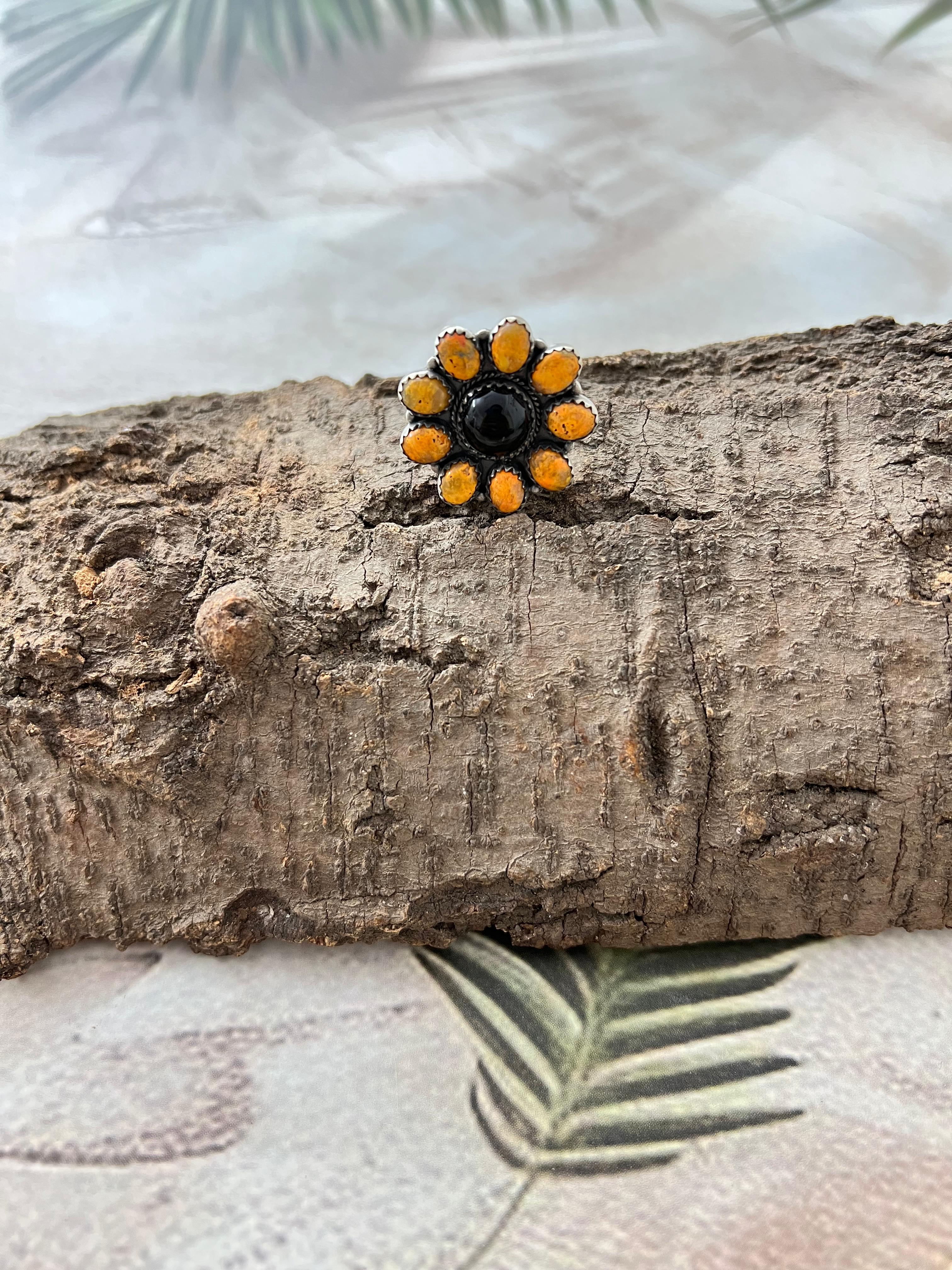 "Halloween Collection" Handmade Sterling Silver Black Onyx, Bumblebee Adjustable Ring with Signed Nizhoni
