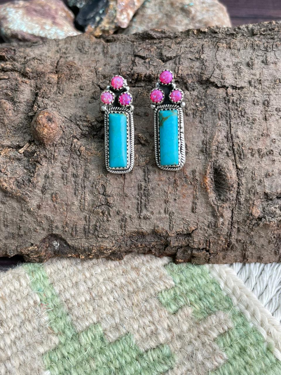 Handmade Sterling Silver Arizona Blue Turquoise with Hot Pink Post Studs Earrings "Signed Nizhoni"