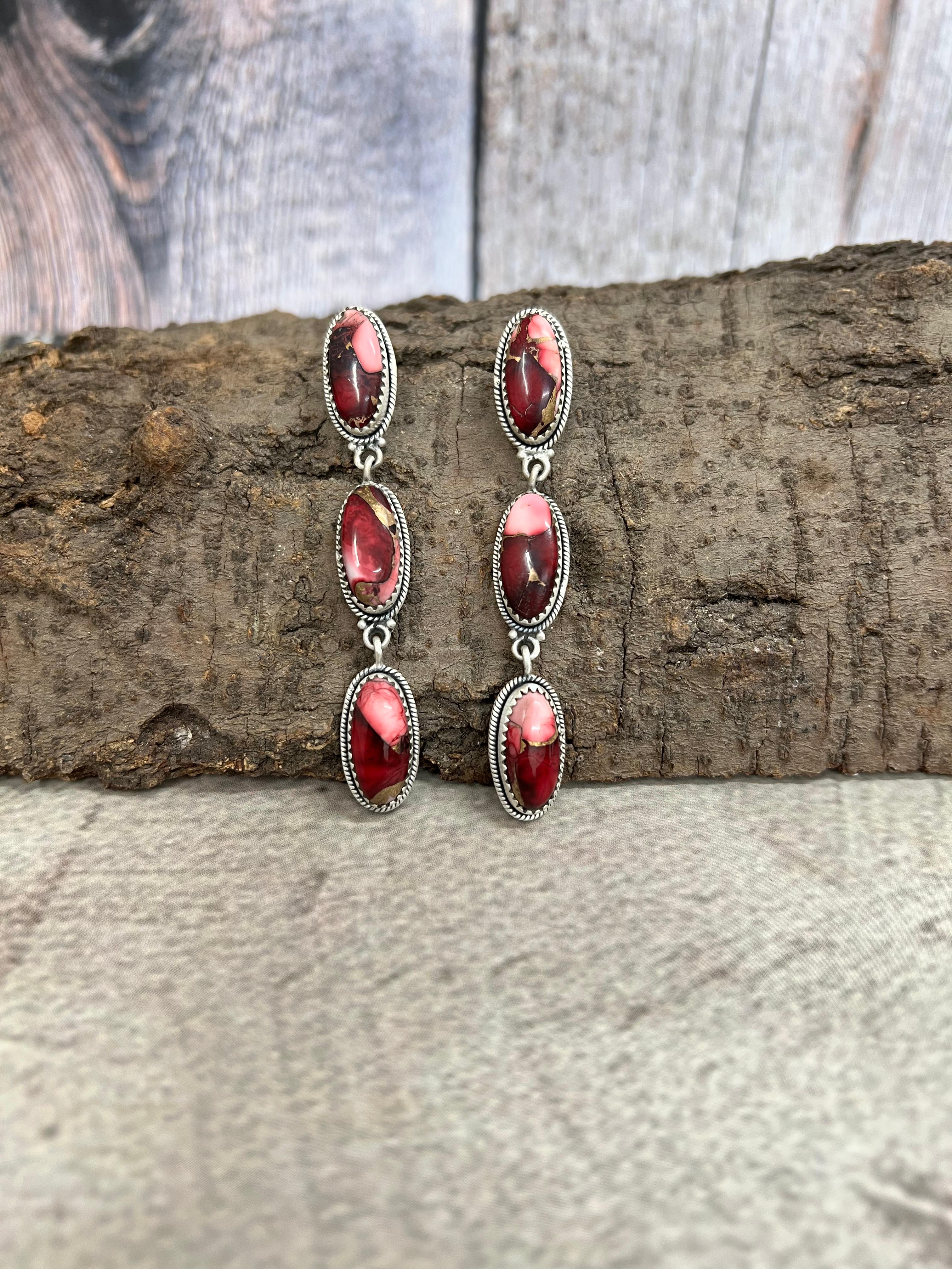 Handmade Sterling Silver Dahlia Rose Post Dangle Earrings with Signed Nizhoni