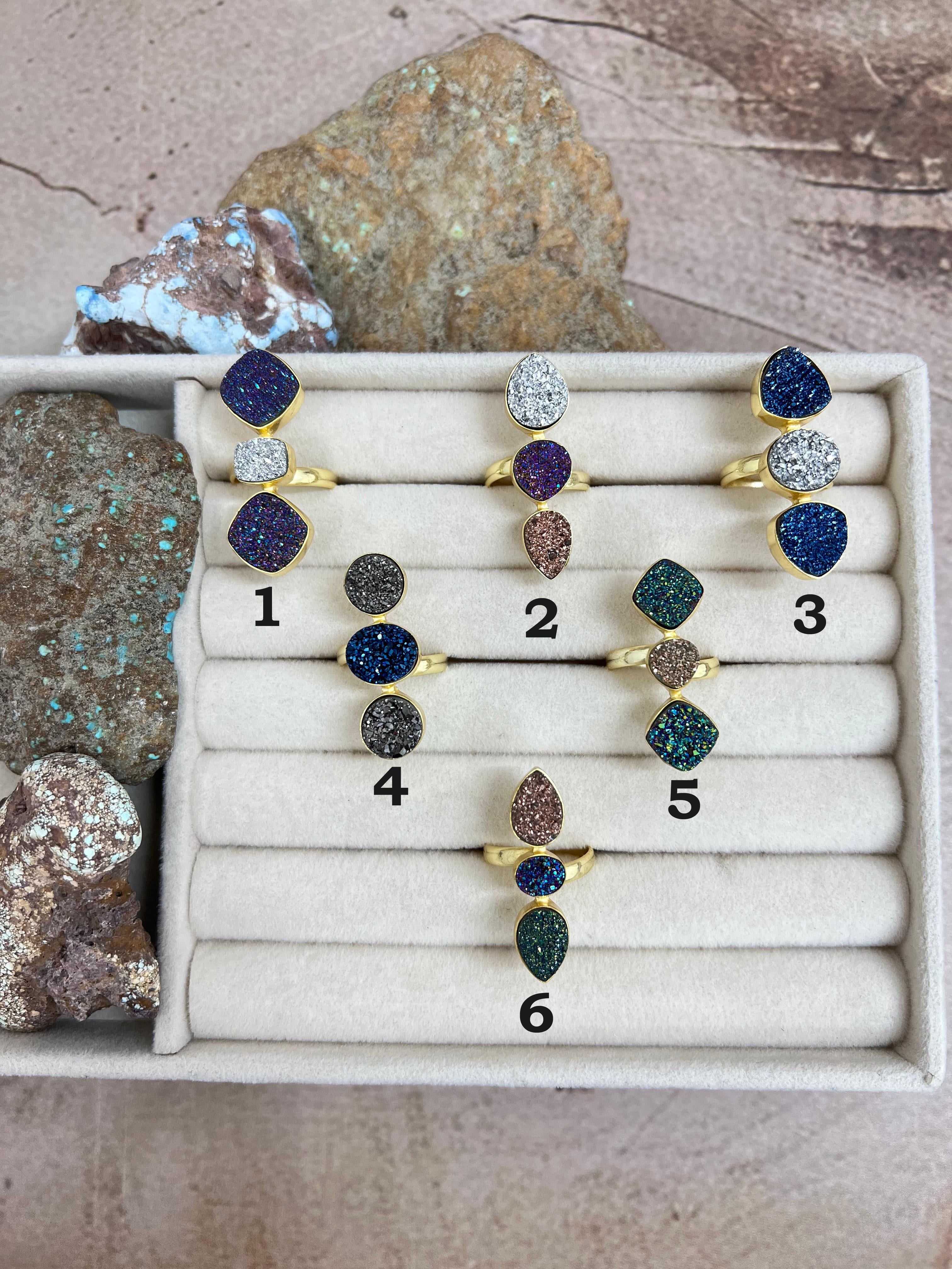 “The Boho Collection” Natural 3 Stone Druzy Adjustable Ring