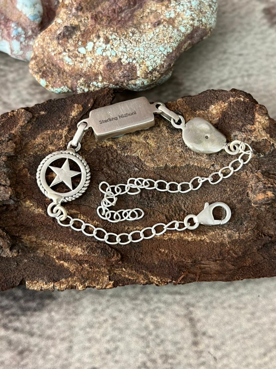 Handmade Sterling Silver Golden Hills Turquoise Cobble Collection Chain Bracelet "Signed Nizhoni"