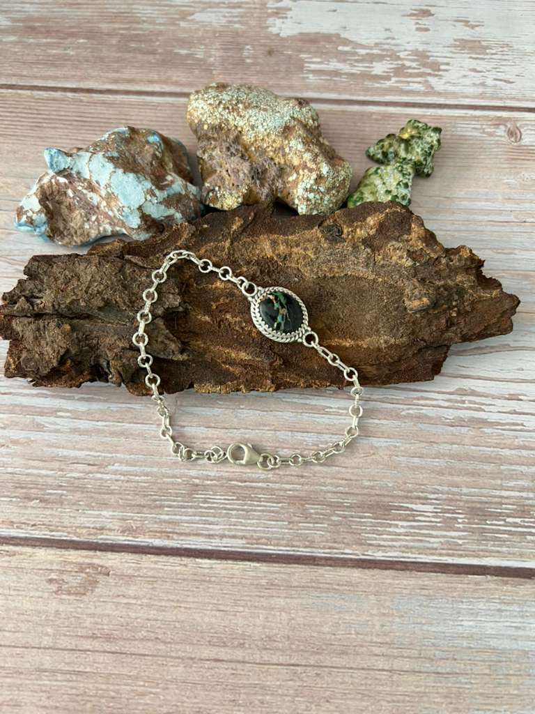 Handmade Sterling Silver Blackjack Turquoise Chain Bracelet with Signed Nizhoni