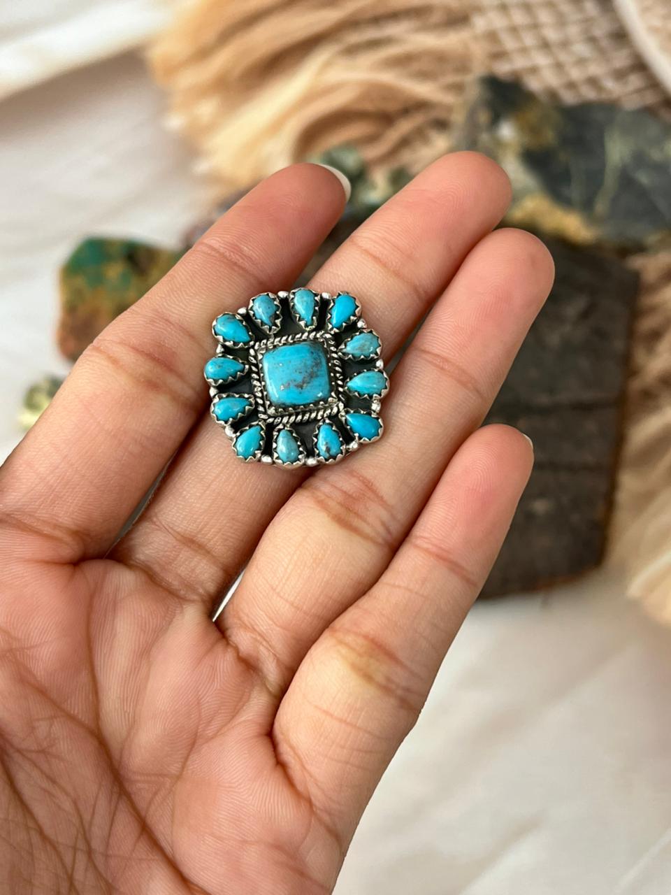 Handmade Sterling Silver Blue Turquoise Adjustable Ring "Signed Nizhoni"
