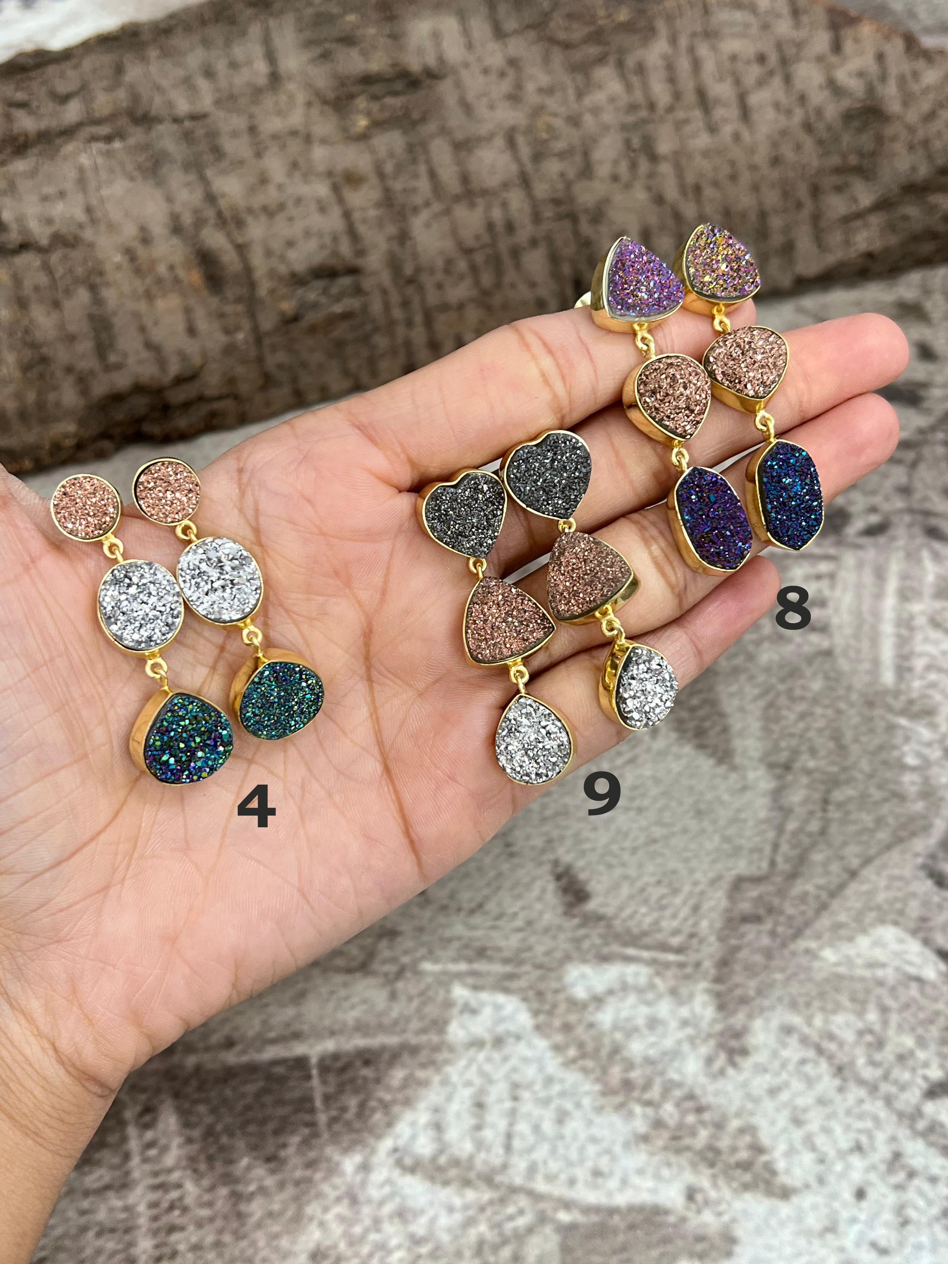 “The Boho Collection” Handmade Natural 3 Stone Druzy Post Dangle Earrings