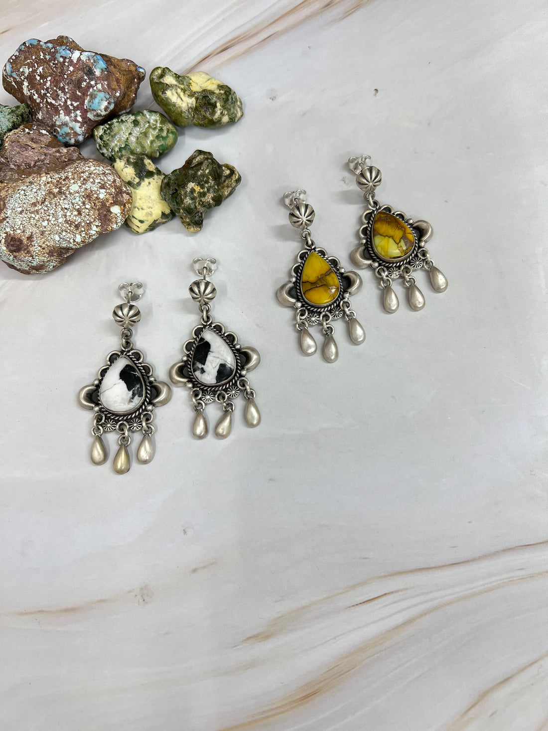 Handmade Sterling Silver White Buffalo Turquoise, Honey Dahlia Dangle Earrings with Signed Nizhoni (3)