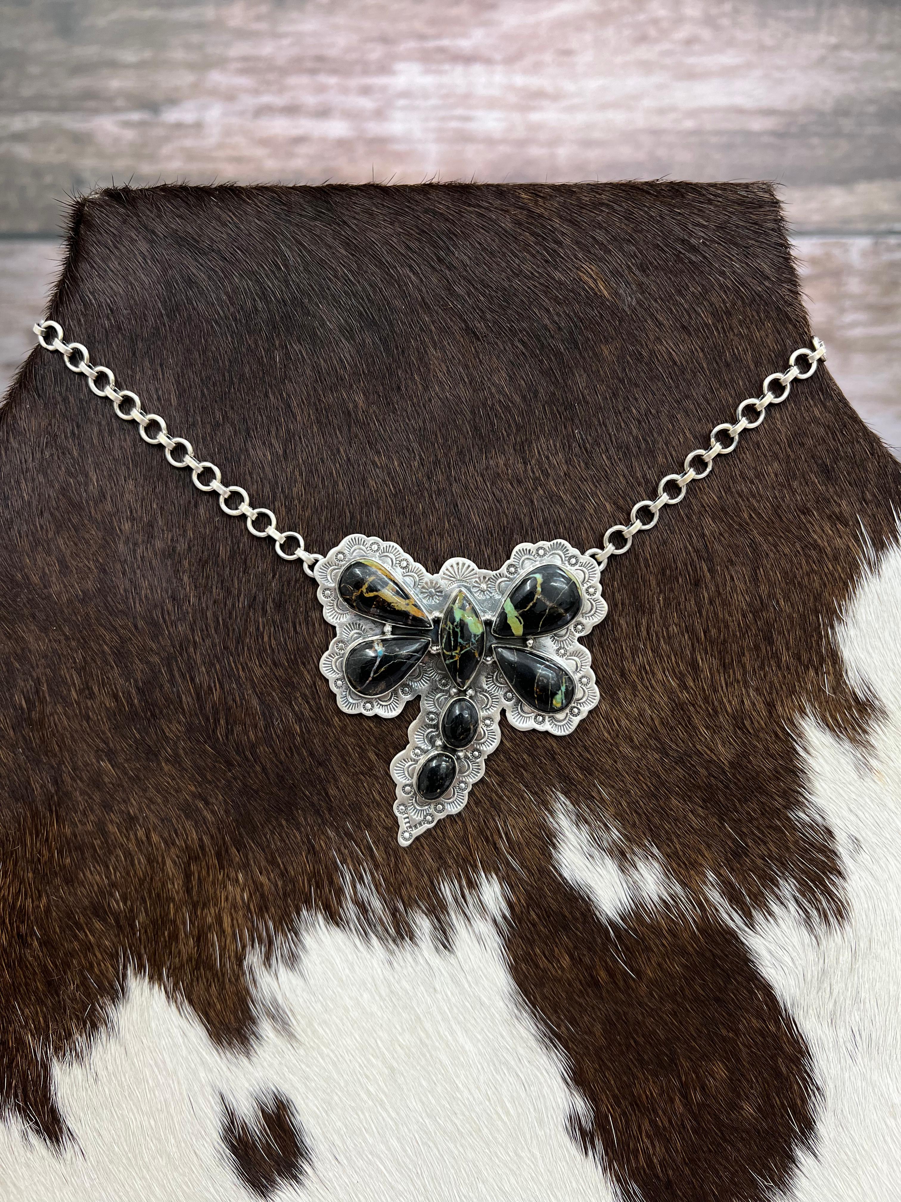 Handmade Sterling Silver Blackjack Turquoise Butterfly Necklace with Signed Nizhoni