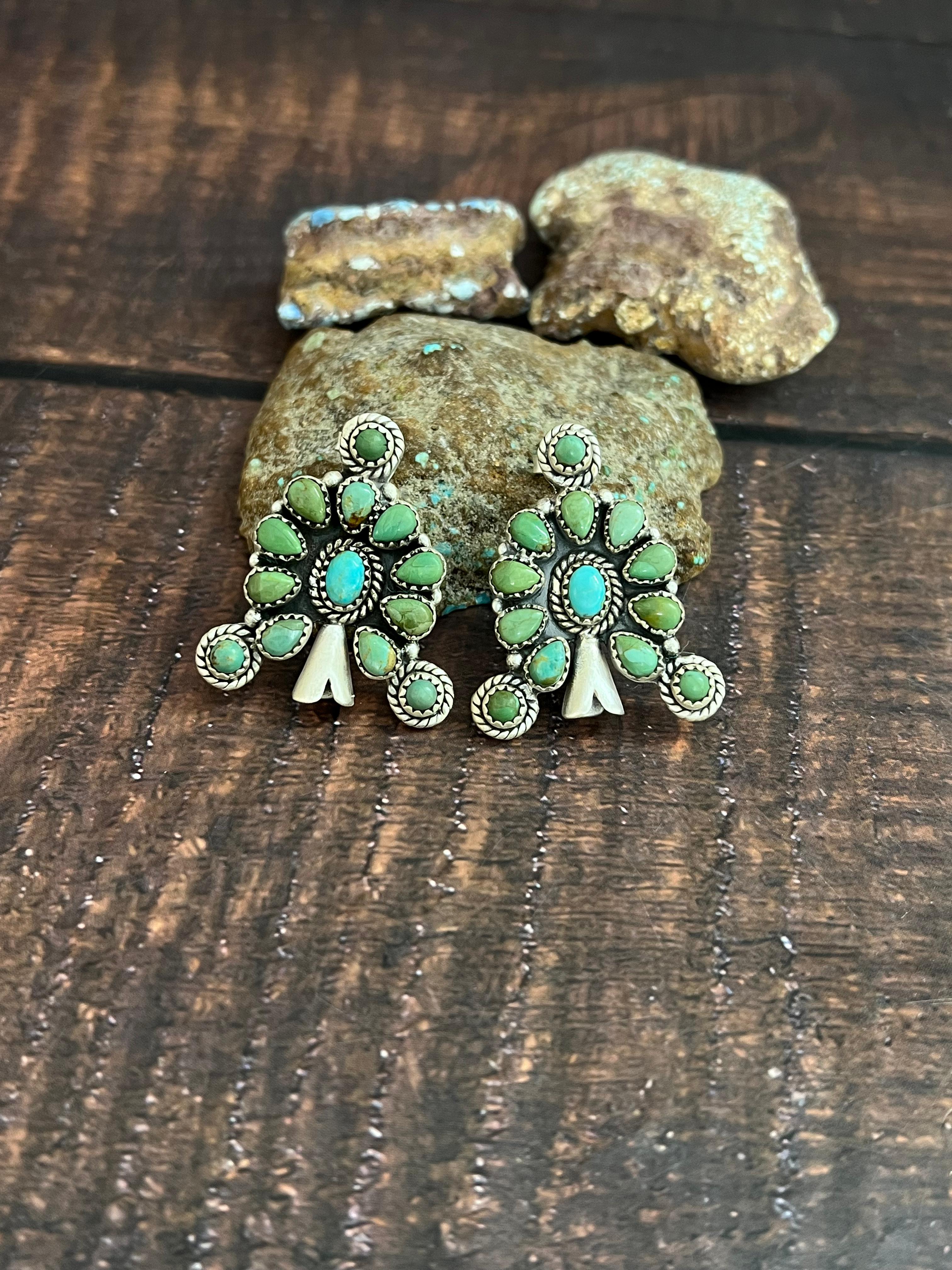 Handmade Sterling Silver Kingman Turquoise Blossom Earrings with Signed Nizhoni