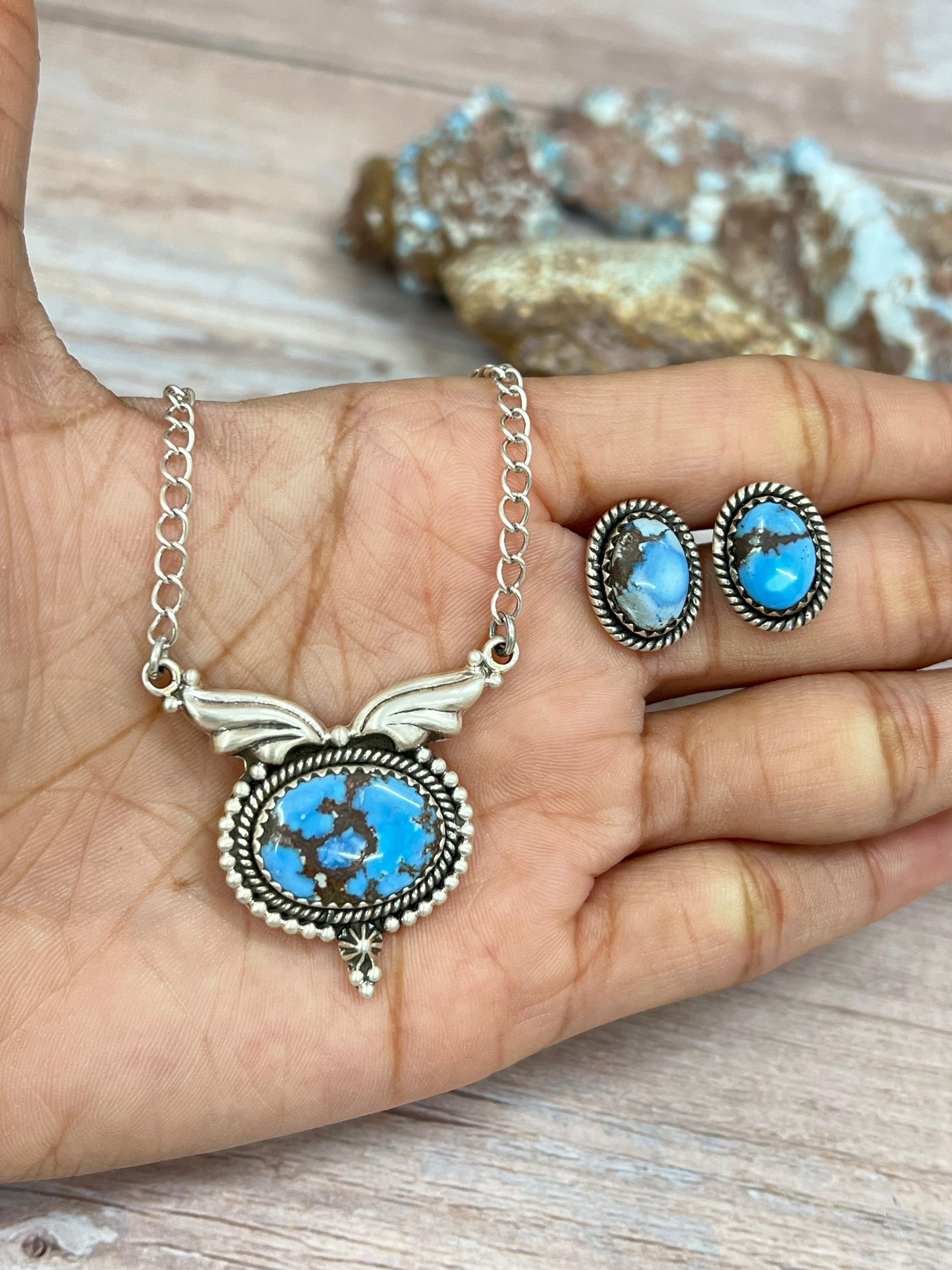 Handmade Sterling Silver Golden Hills Turquoise Necklace Earrings Set with Signed Nizhoni