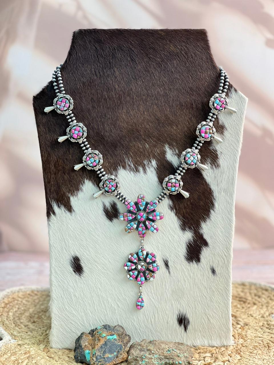 Handmade Sterling Silver Beaded Blossom Cotton Candy Necklace "Signed Nizhoni"