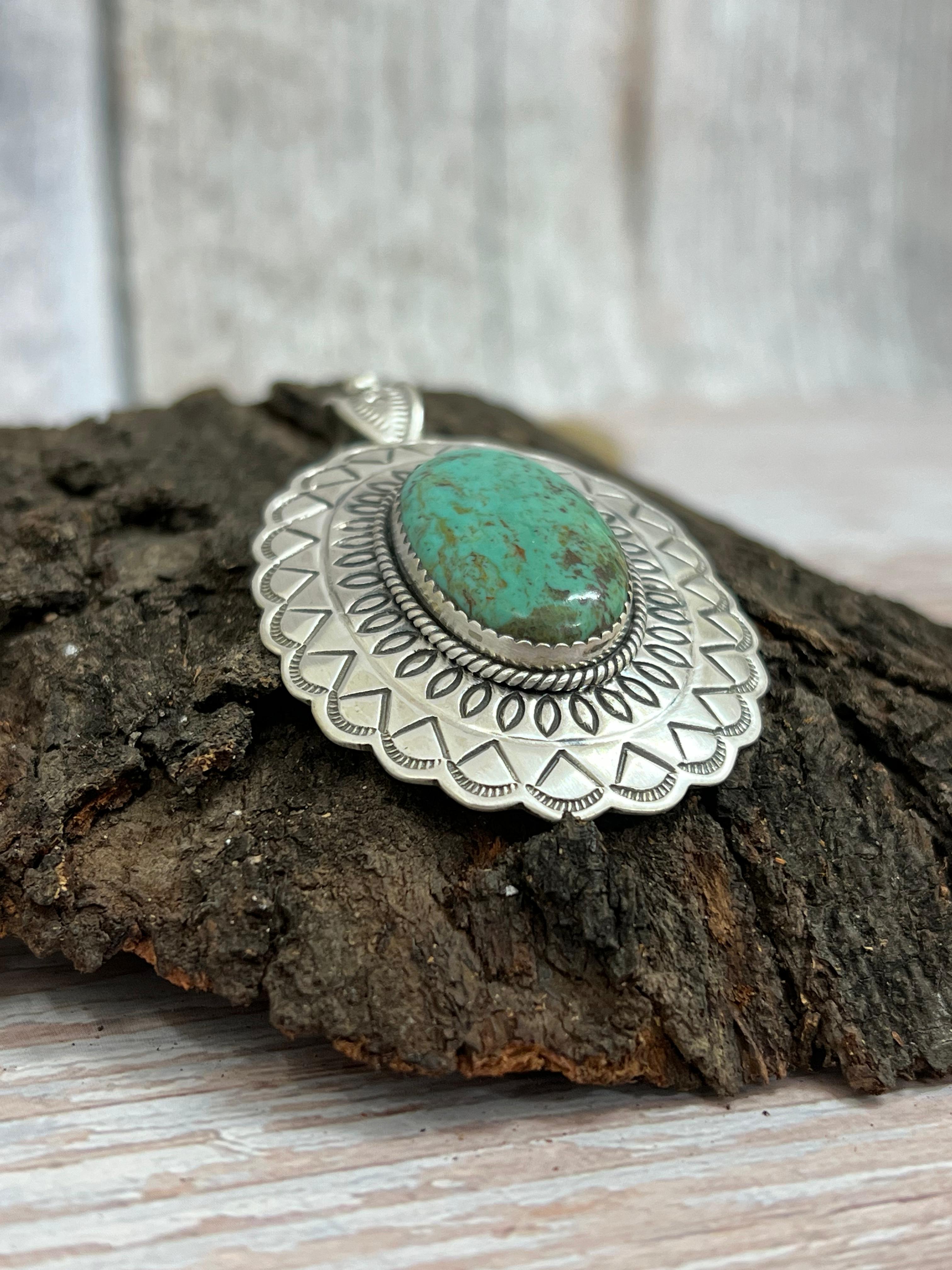 Handmade Sterling Silver Kingman Turquoise Pendant hiwith Signed Nizhoni