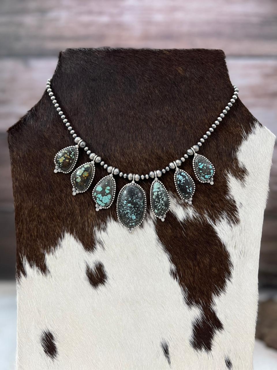 Handmade Sterling Silver Lander Turquoise Beaded Necklace with Signed Nizhoni