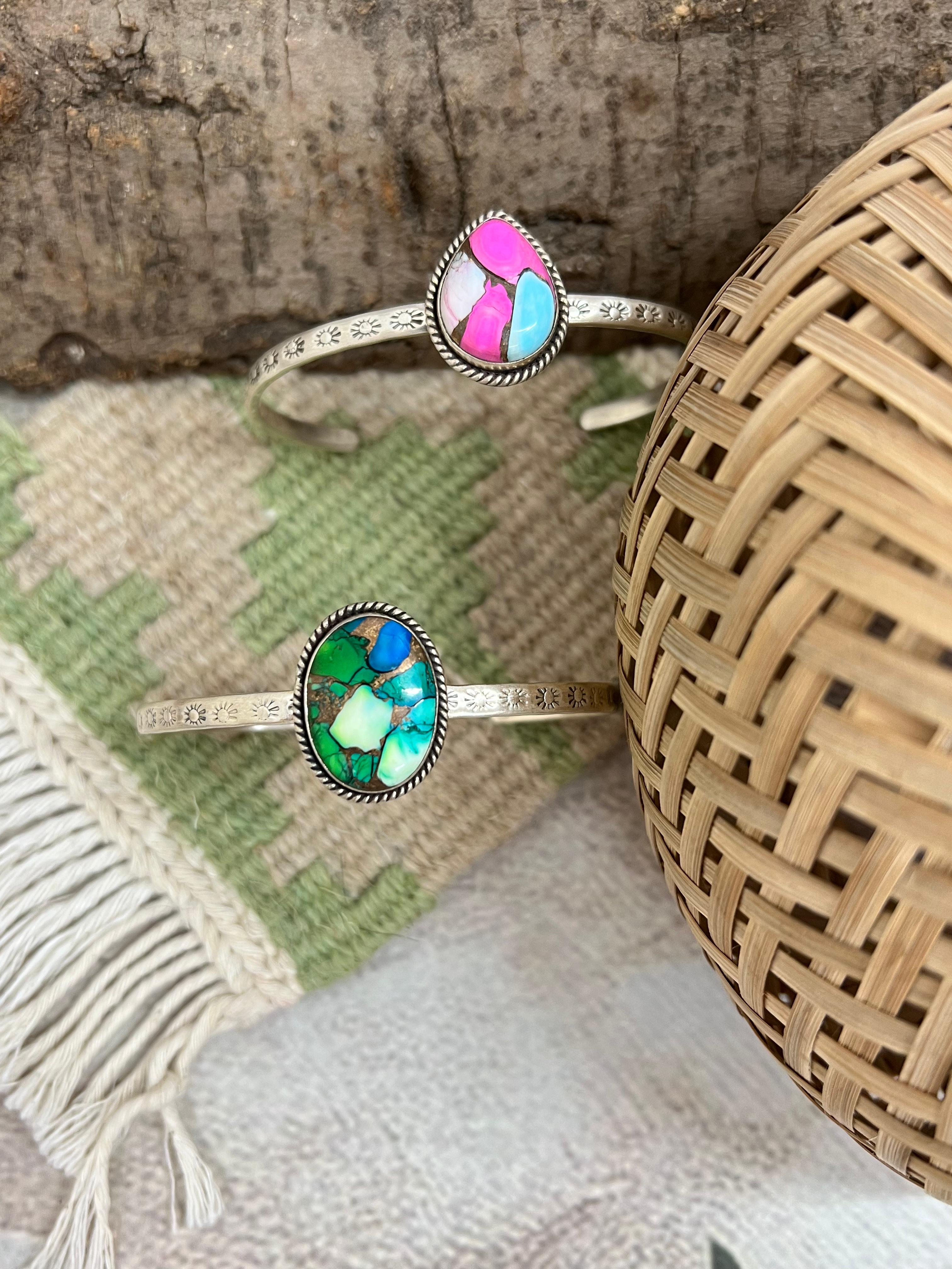 Handmade Sterling Silver Peacock Dahlia, Cotton Candy Cuff Bracelet with Signed Nizhoni