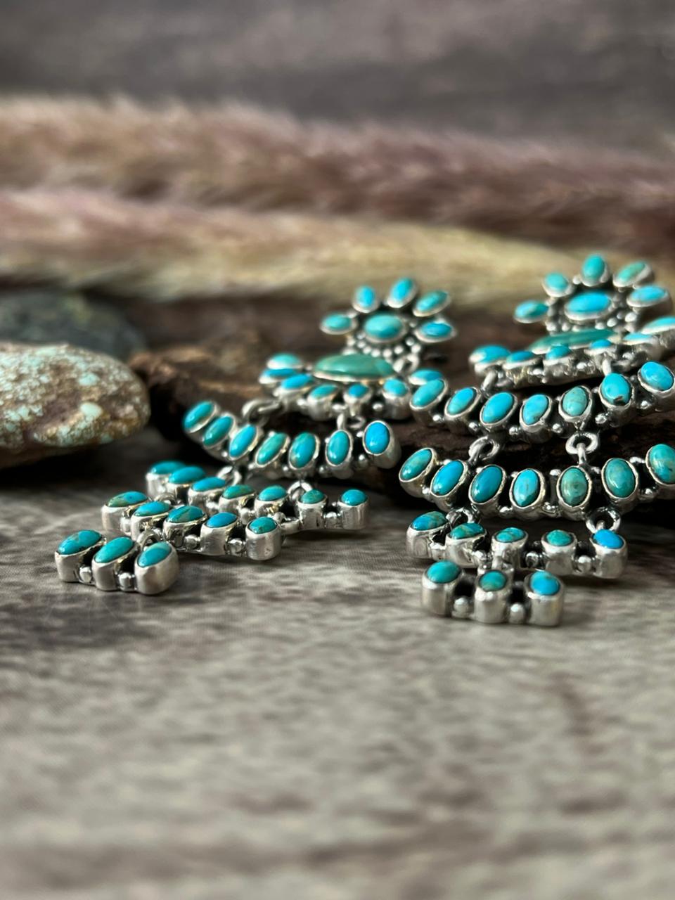 Handmade Sterling Silver Kingman Turquoise Post Dangle Earrings "Signed Nizhoni"
