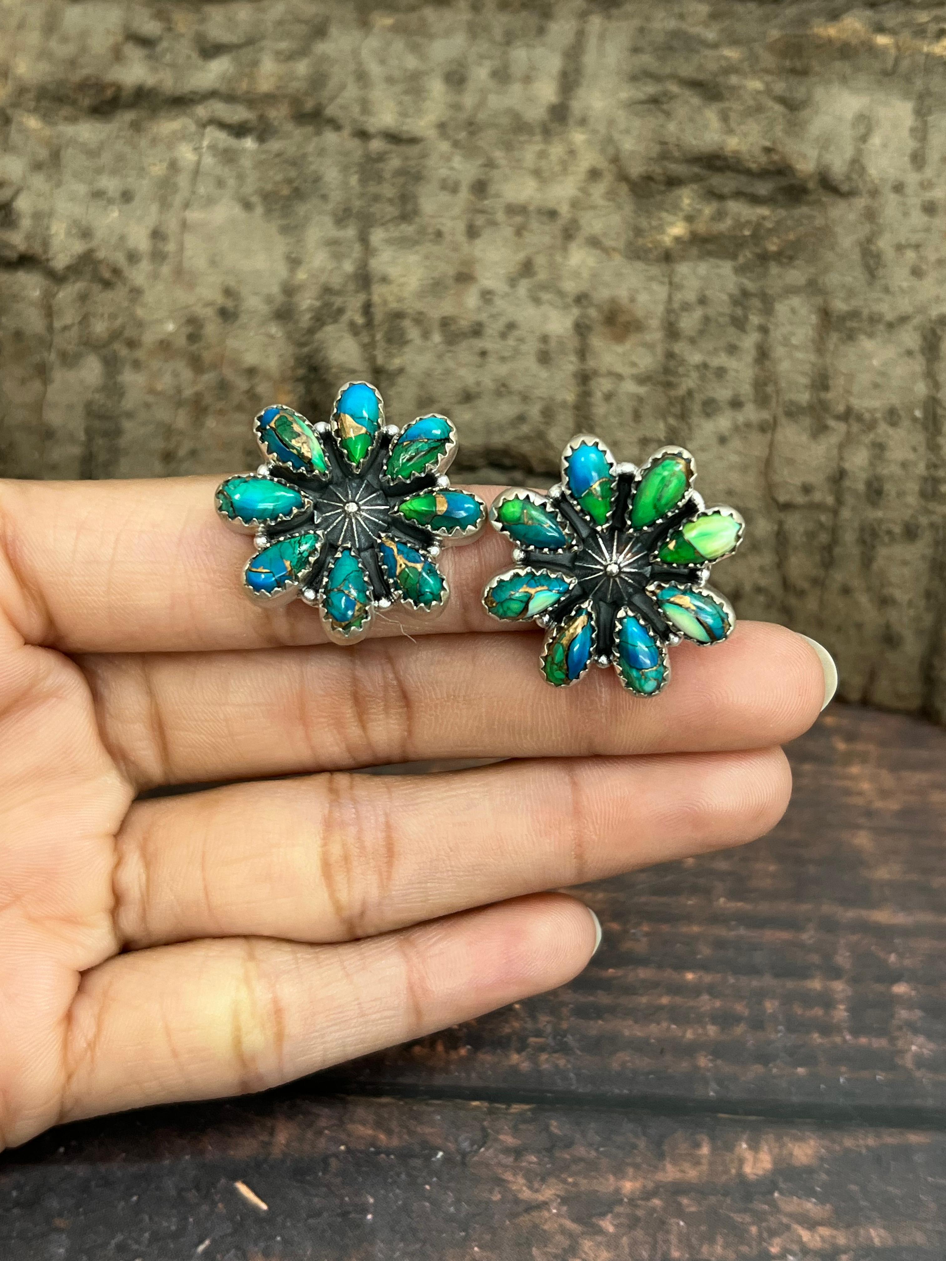 Handmade Sterling Silver Peacock Dahlia Post Earrings with Signed Nizhoni