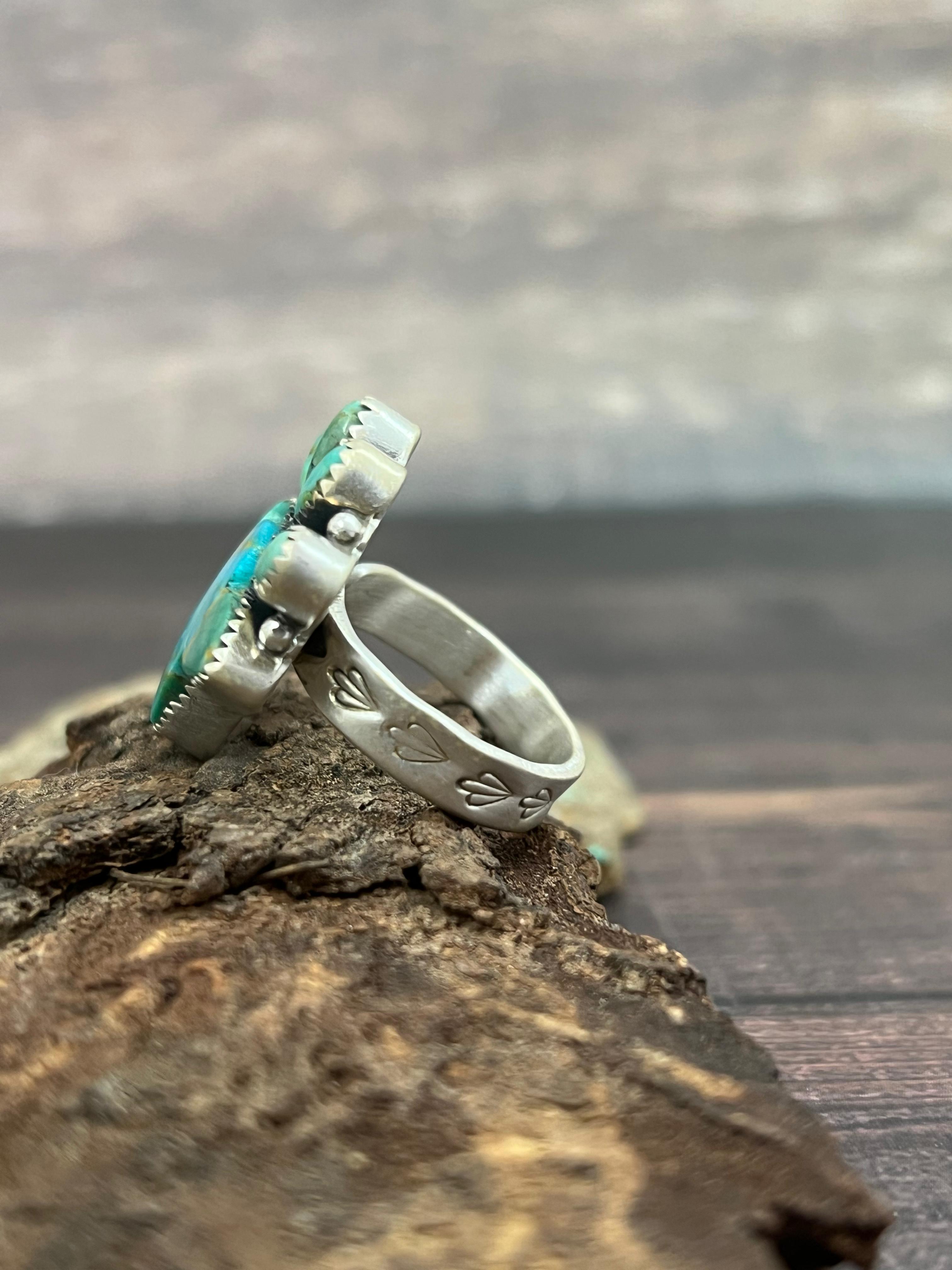 Handmade Sterling Silver Kingman Turquoise Adjustable Bullhead Ring with Signed Nizhoni