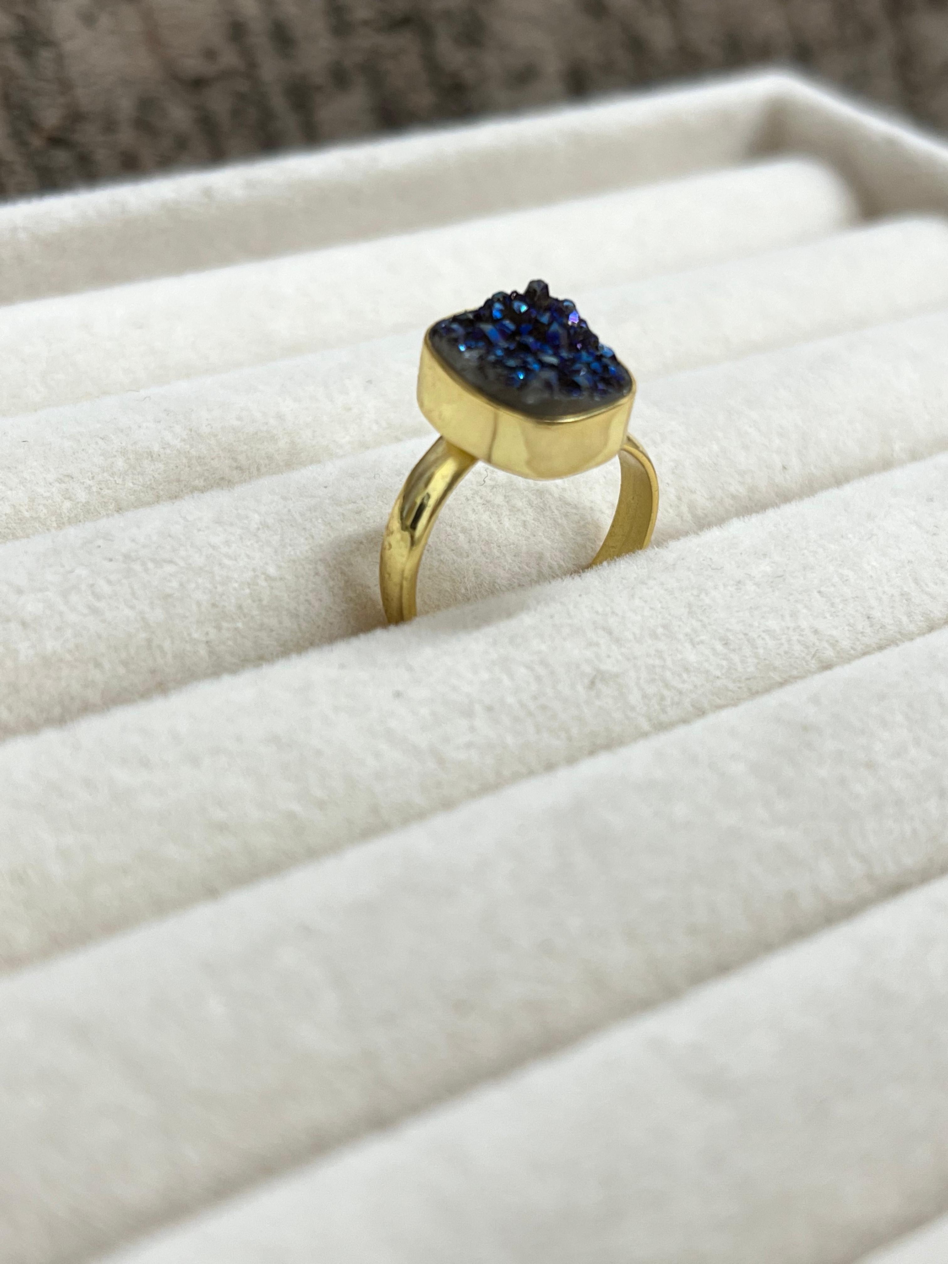 “The Boho Collection” Handmade Blue Druzy Adjustable Ring with Signed Nizhoni