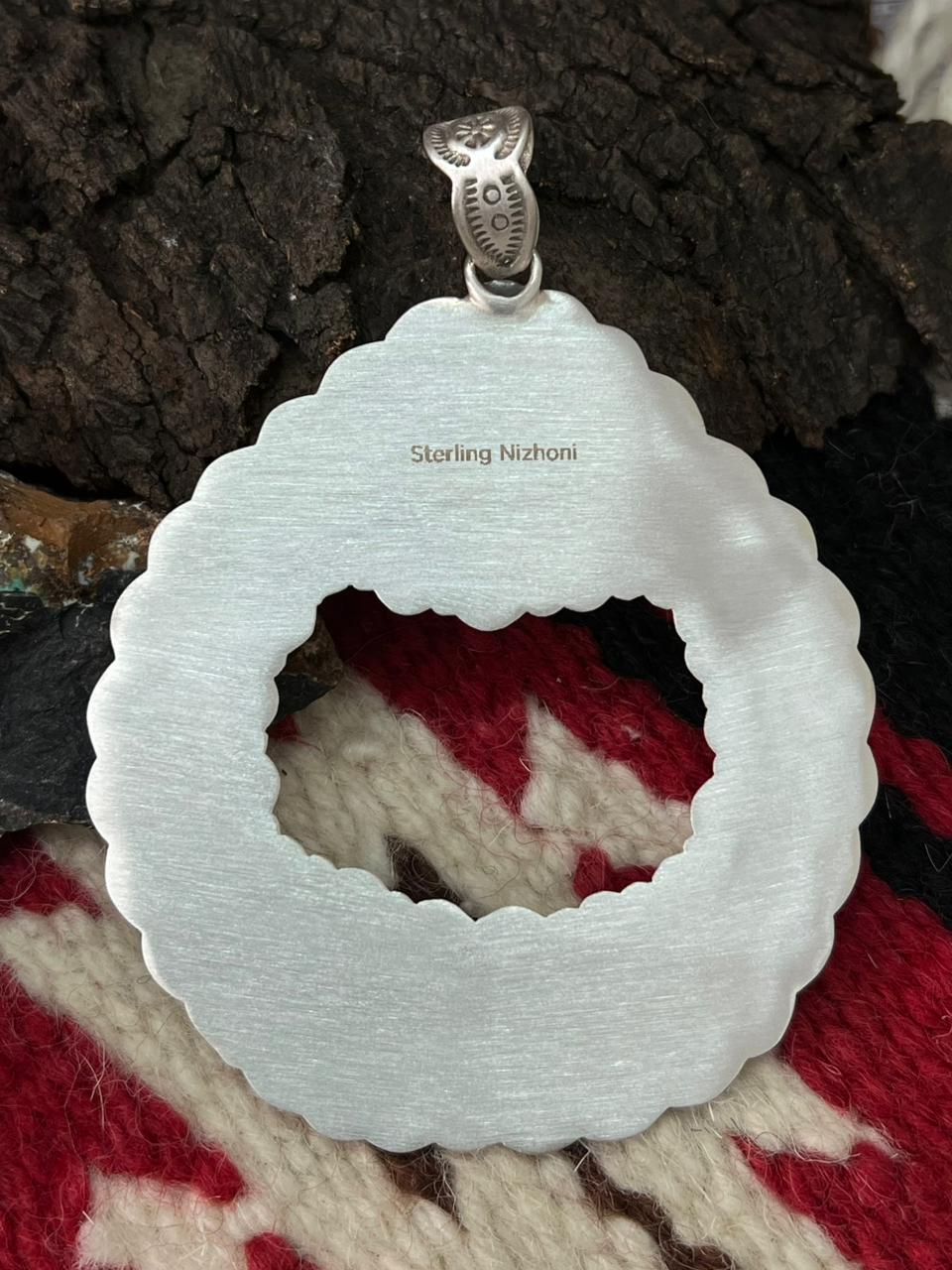 "Christmas Collection" Handmade Sterling Silver White Buffalo with Coral Pendant "Signed Nizhoni"