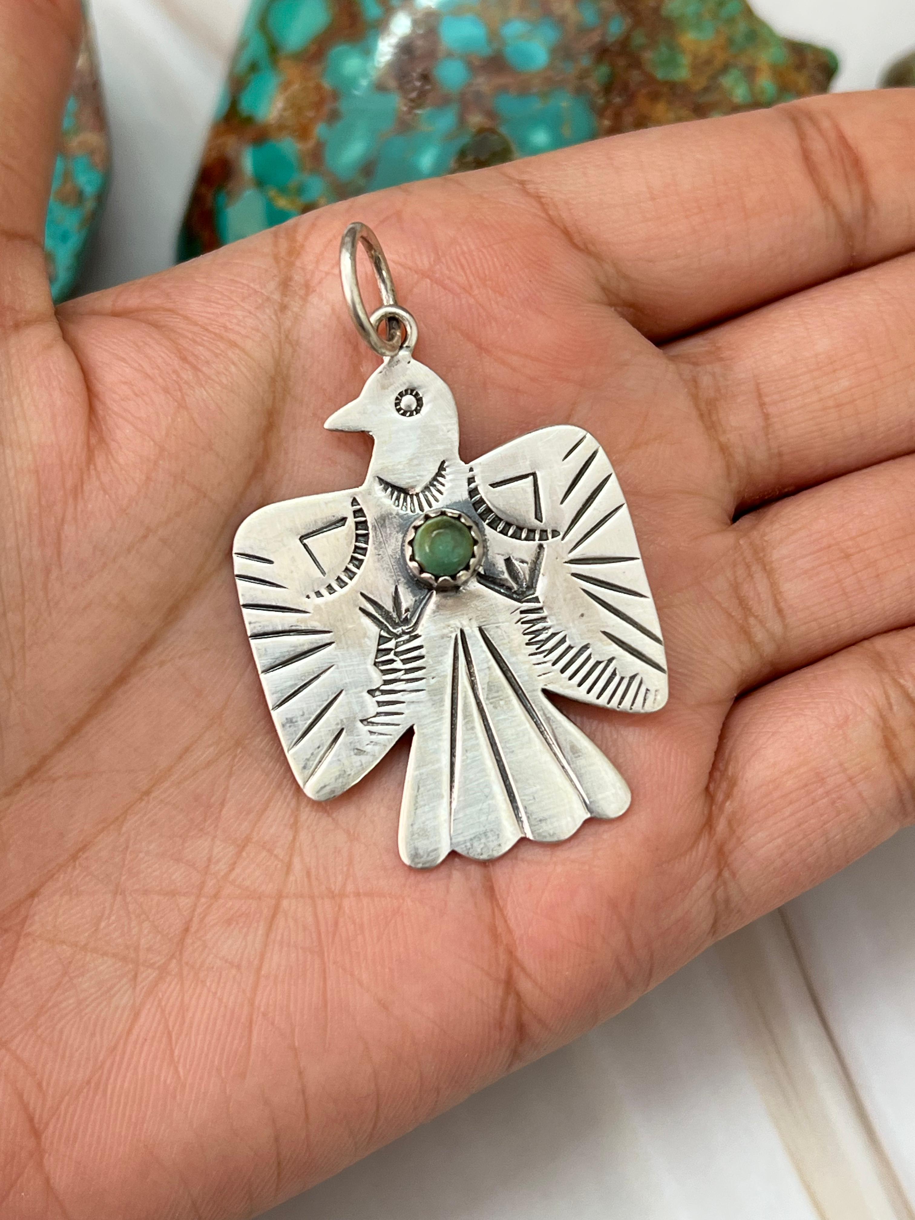 Handmade Sterling Silver Thunder Bird Kingman Turquoise Charms with Signed Nizhoni