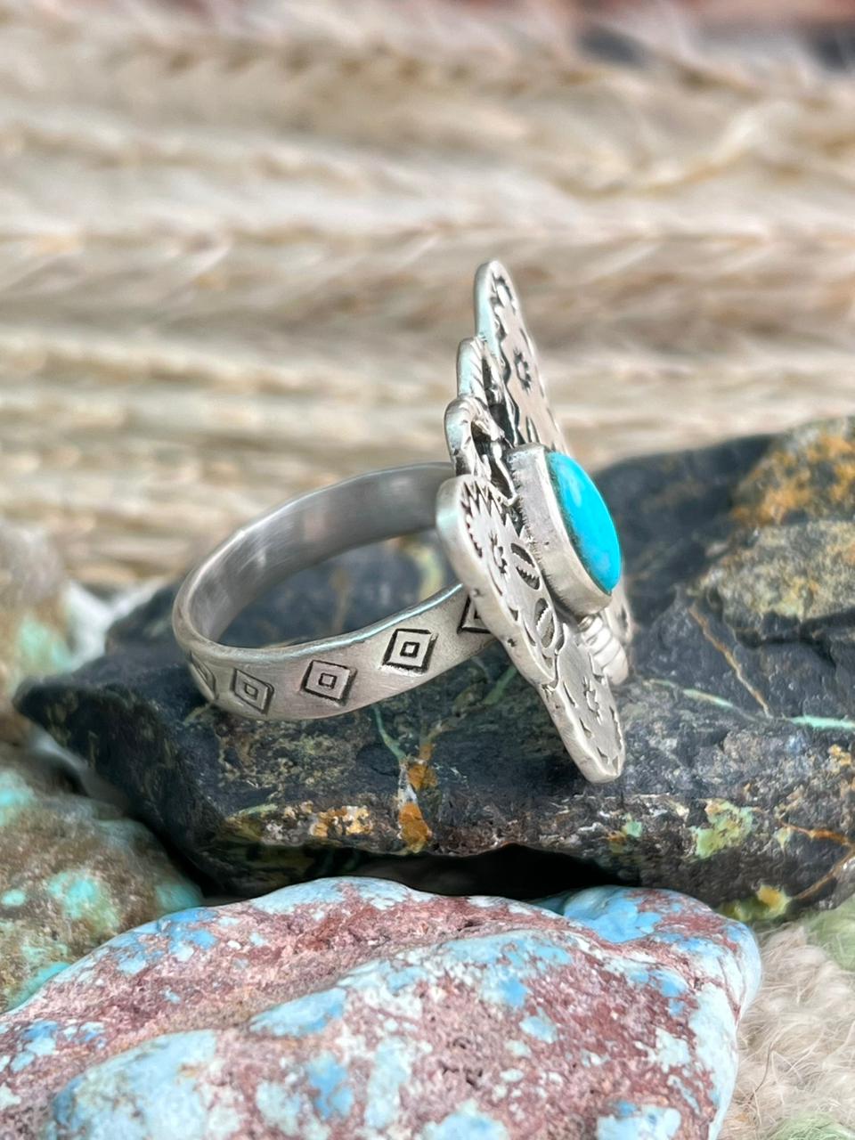 Handmade Sterling Silver Kingman Turquoise Butterfly Adjustable Ring "Signed Nizhoni"