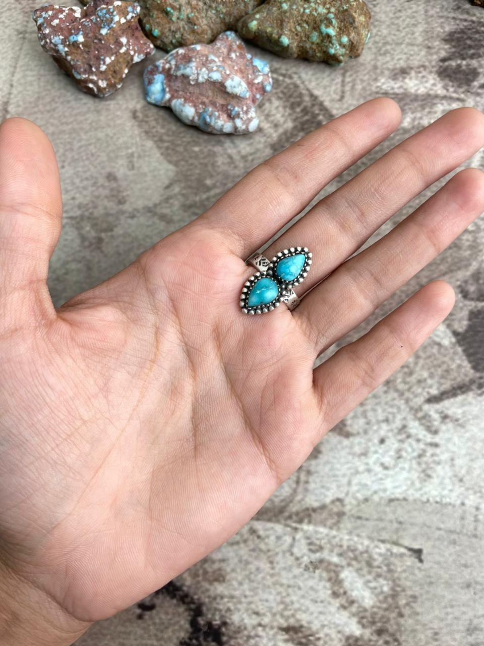 Handmade Sterling Silver White Water Turquoise Adjustable Ring with Signed Nizhoni