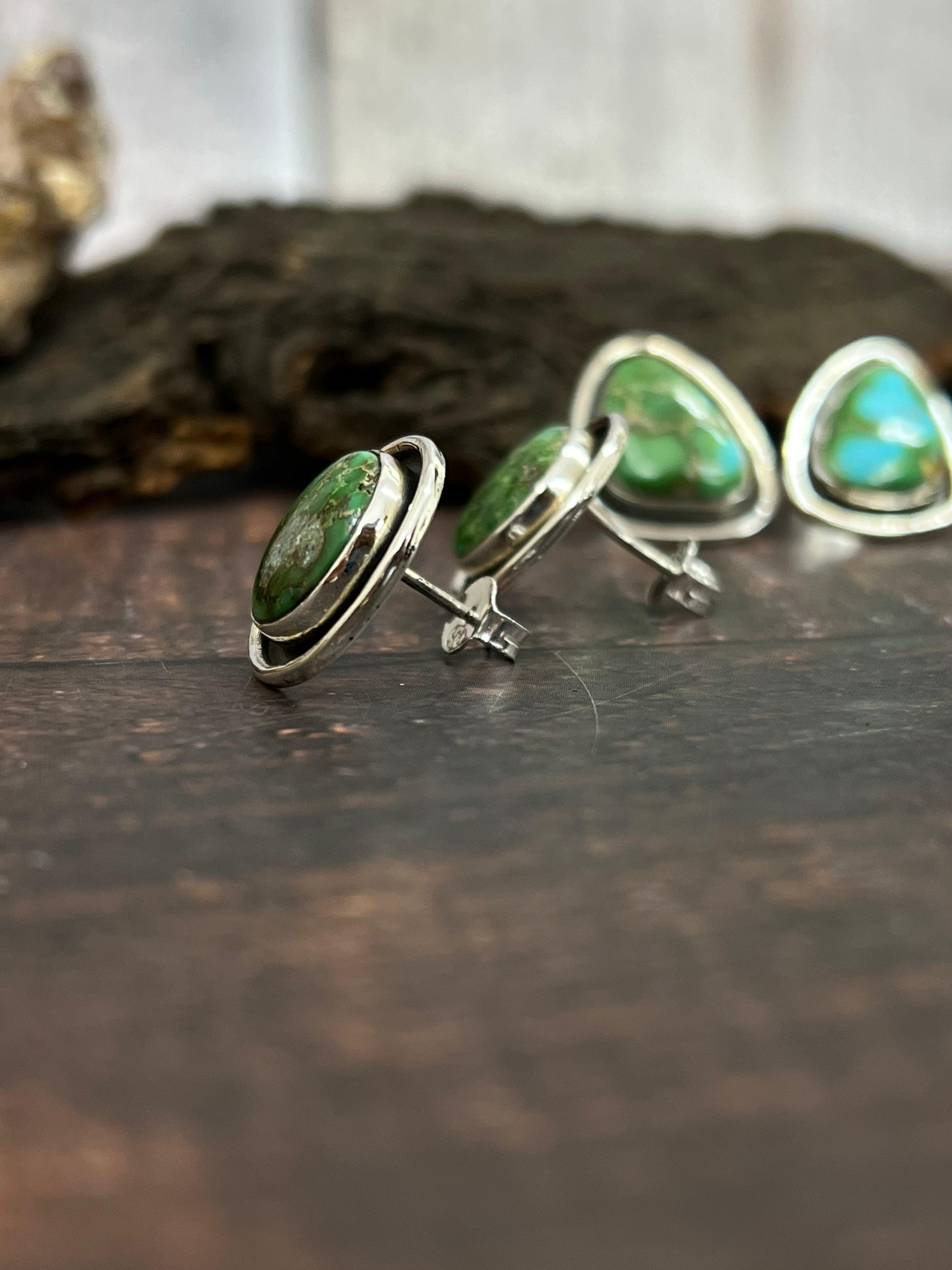 Handmade Sterling Silver Sonoran Mountain Turquoise Stud Post Studs with Signed Nizhoni