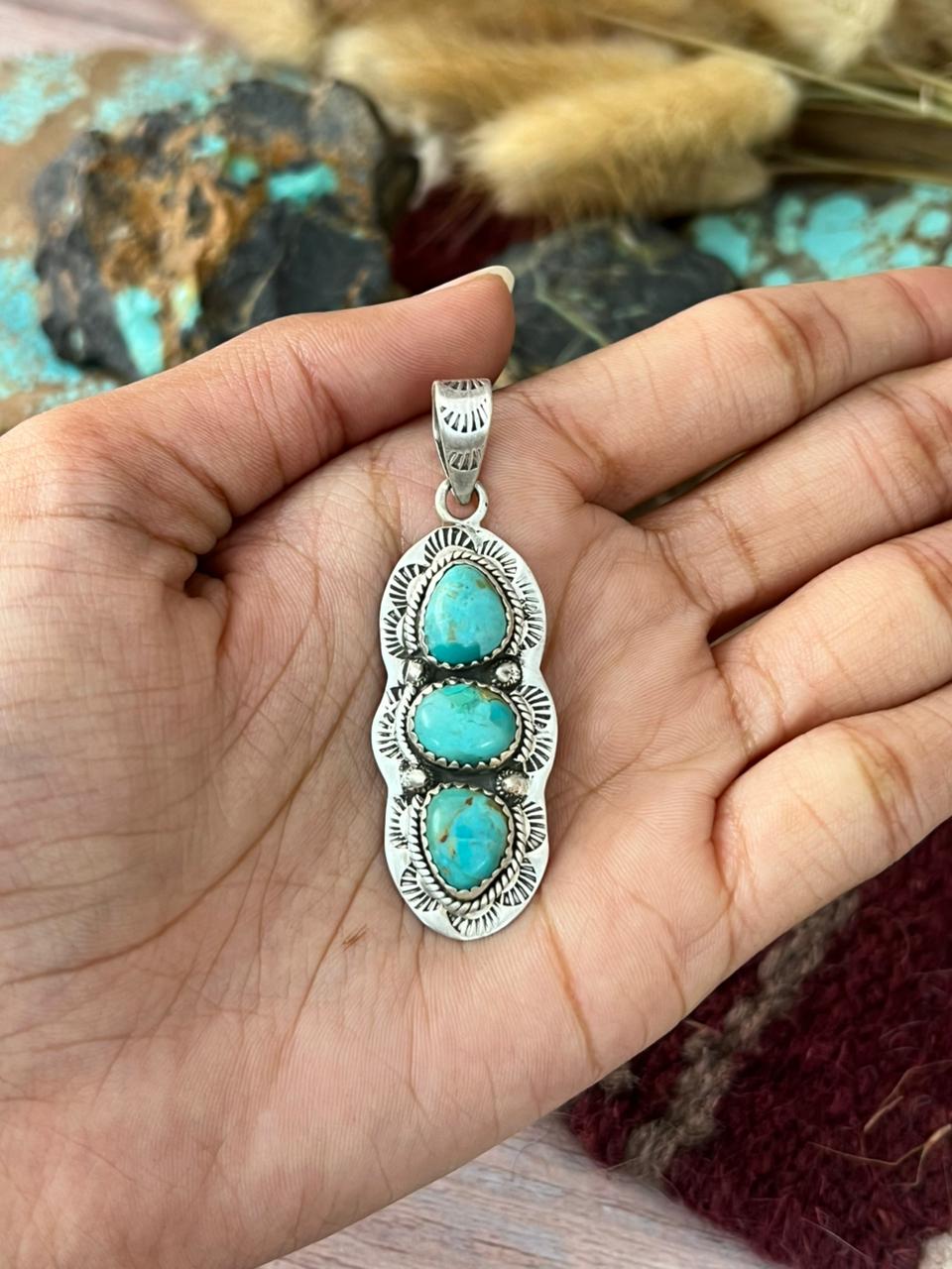 Handmade Sterling Silver Kingman Turquoise Pendant "Signed Nizhoni"