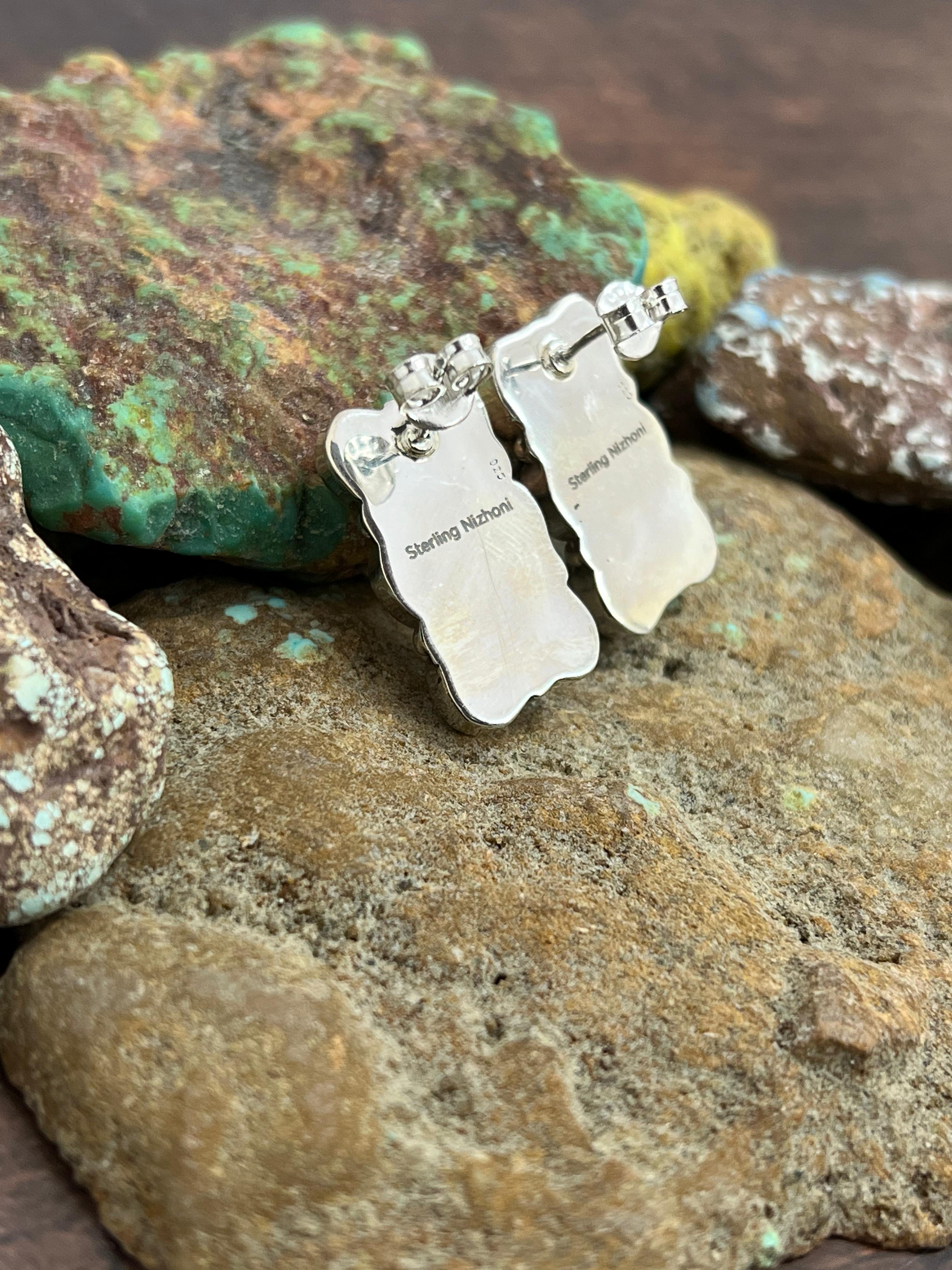 ** 4TH OF JULY ** Handmade Sterling Silver Synthetic Opal Post Earrings with Signed Nizhoni