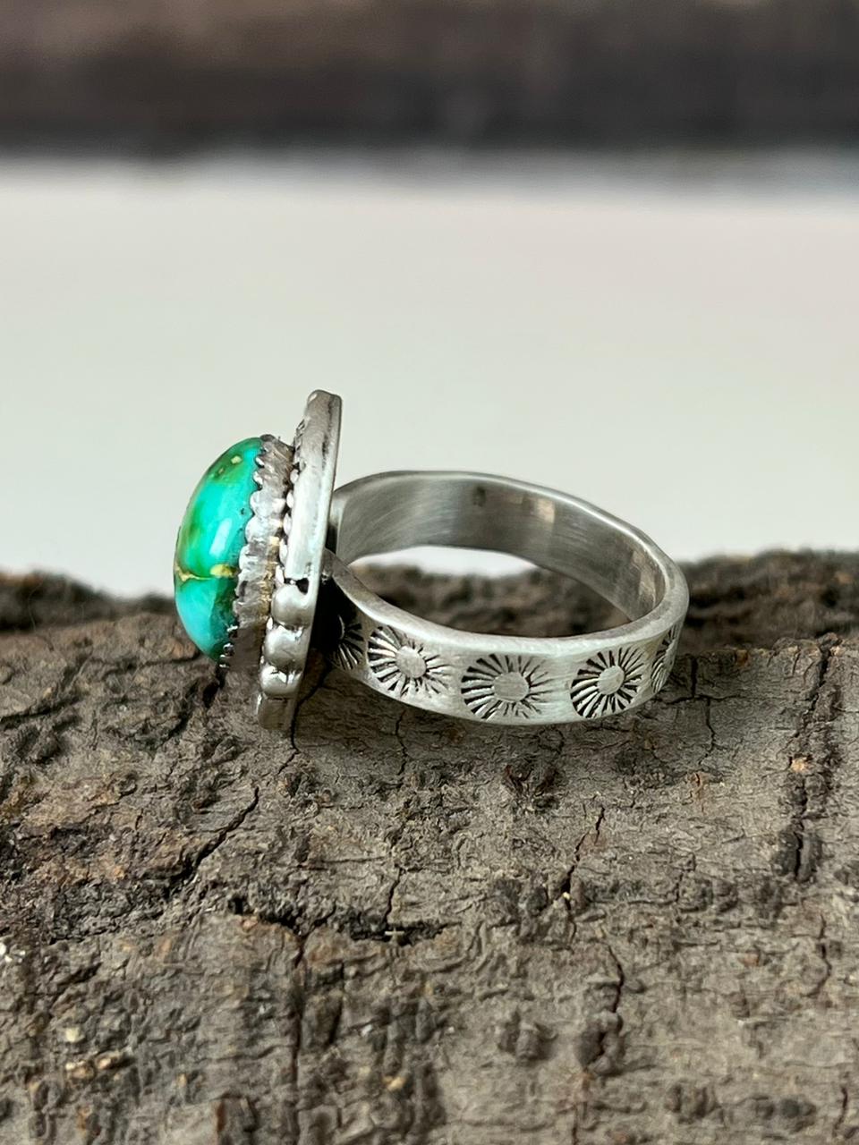 Handmade Sterling Silver Emerald Valley Turquoise Adjustable Ring "Signed Nizhoni" (6)